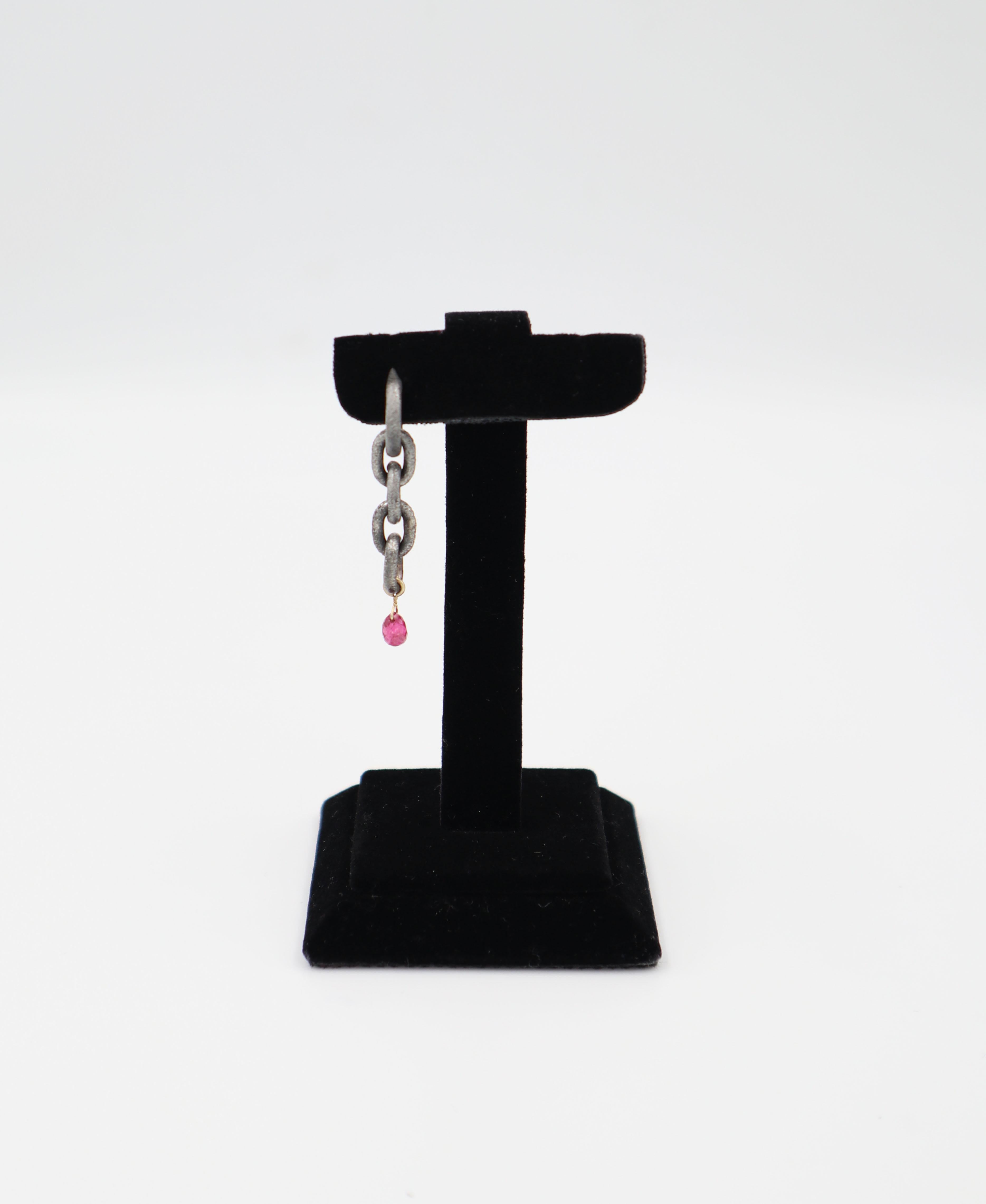 Briolette Cut Oxidized Silver Chain Earring with Tourmaline (sold as single) For Sale