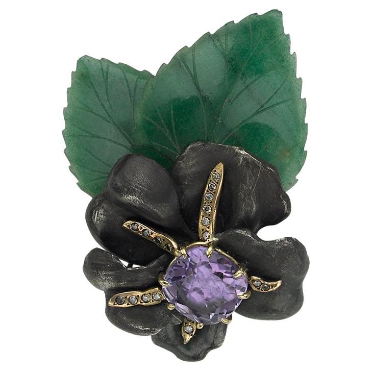 Sorab & Roshi Sterling Silver & 18 Karat Gold Flower Pin with Amethyst Center For Sale