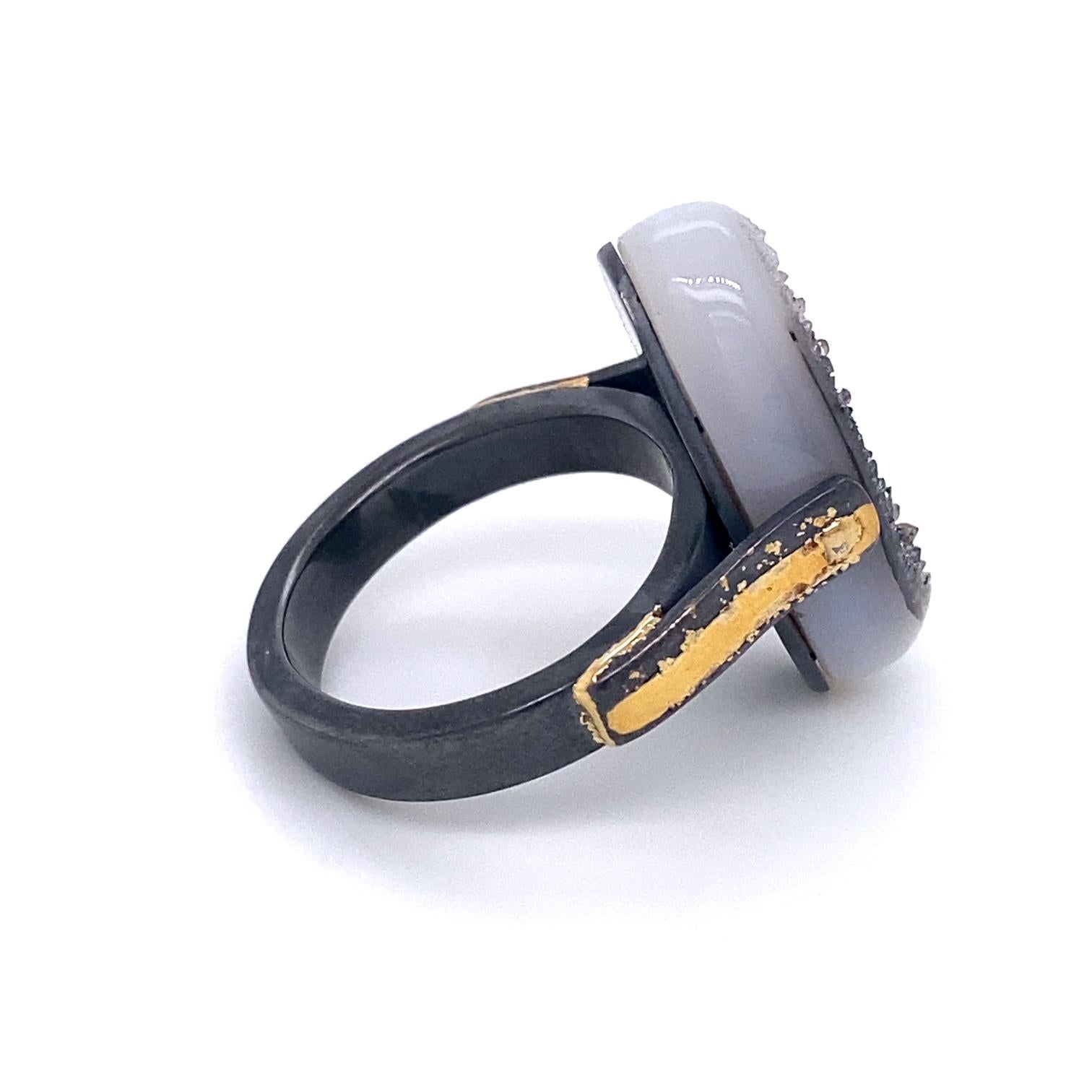Contemporary Oxidized Sterling Silver, 18k and 22k Yellow Gold Black and White Druzy Ring