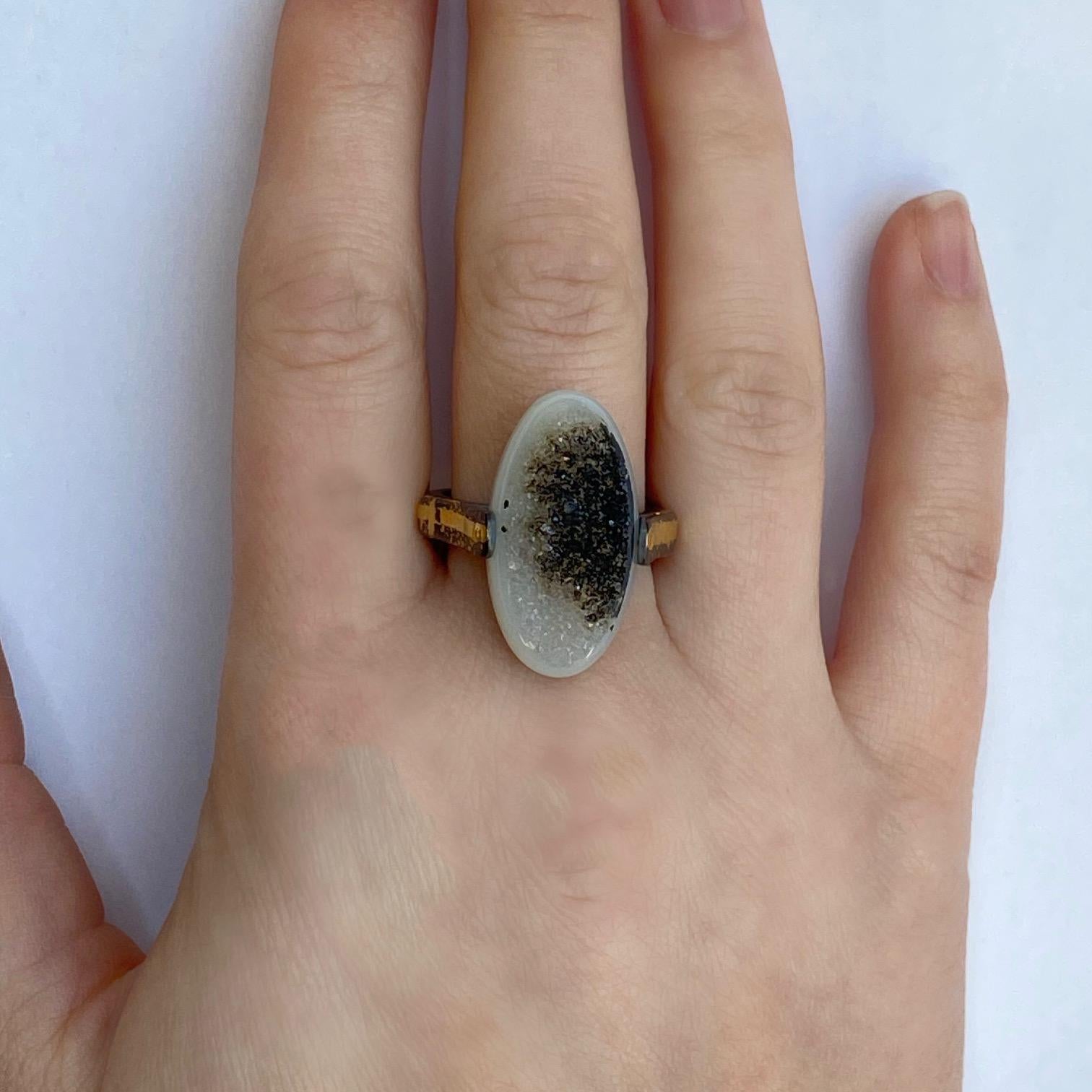 Rough Cut Oxidized Sterling Silver, 18k and 22k Yellow Gold Black and White Druzy Ring