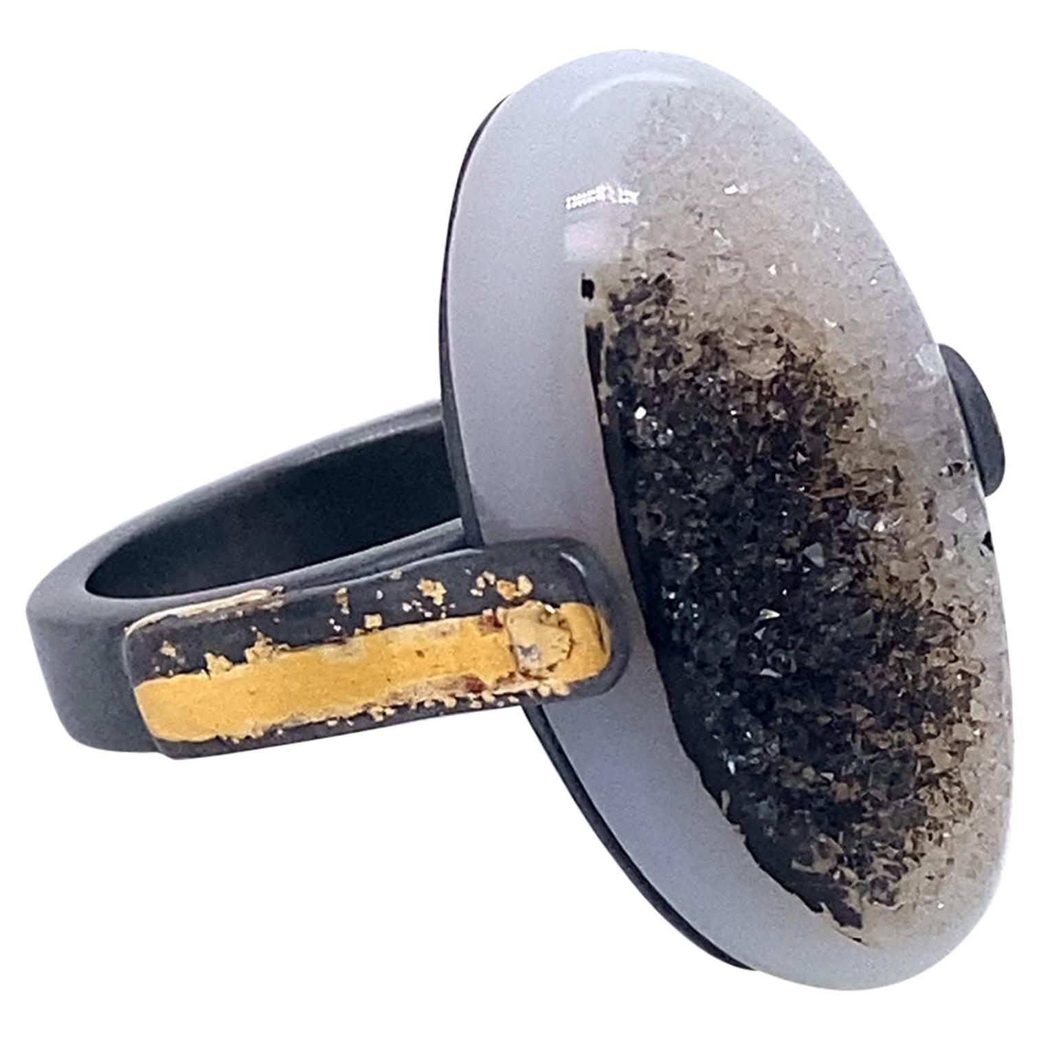 Oxidized Sterling Silver, 18k and 22k Yellow Gold Black and White Druzy Ring