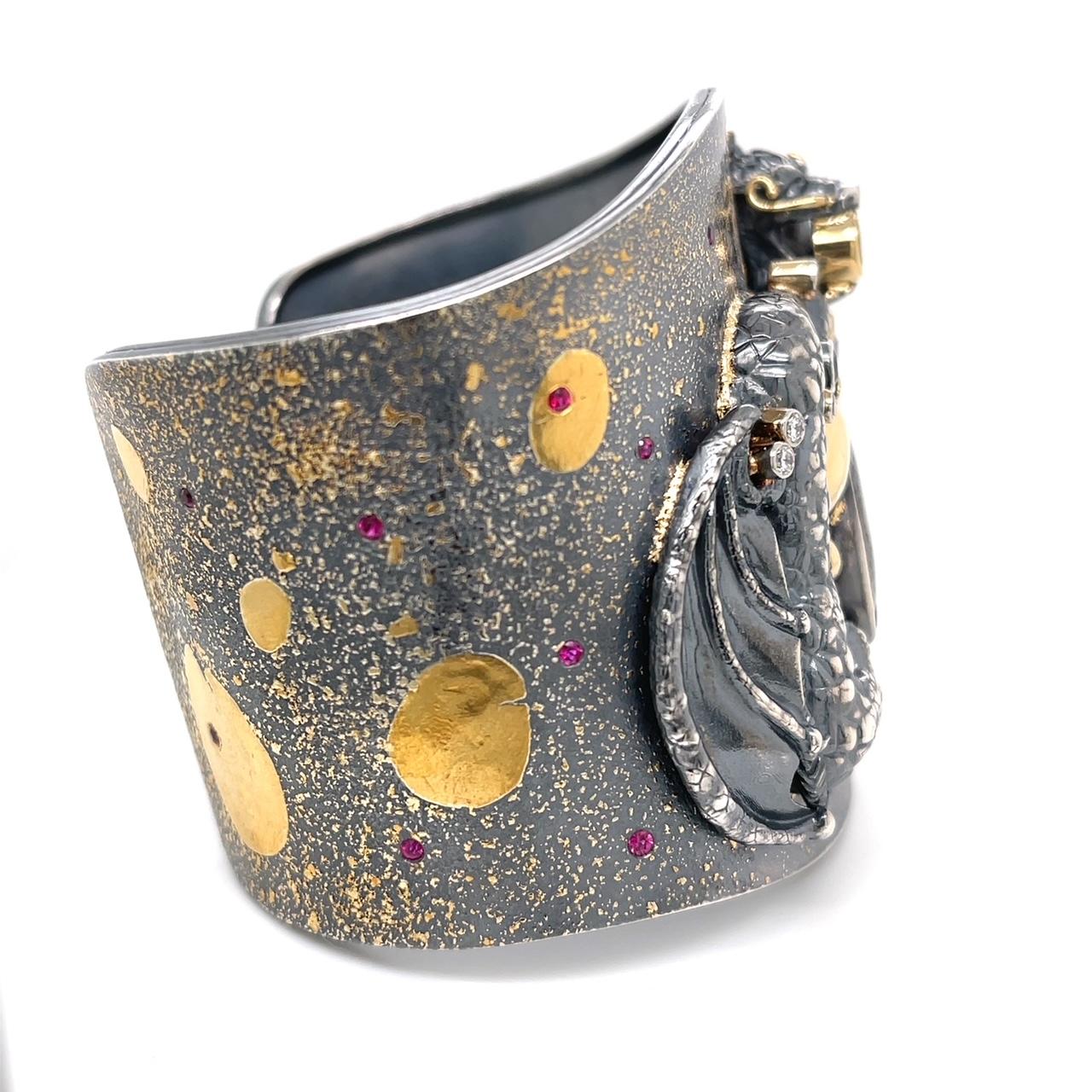 Contemporary Oxidized Sterling Silver, 22k & 18k Yellow Gold Dragon Cuff with Colored Stones For Sale
