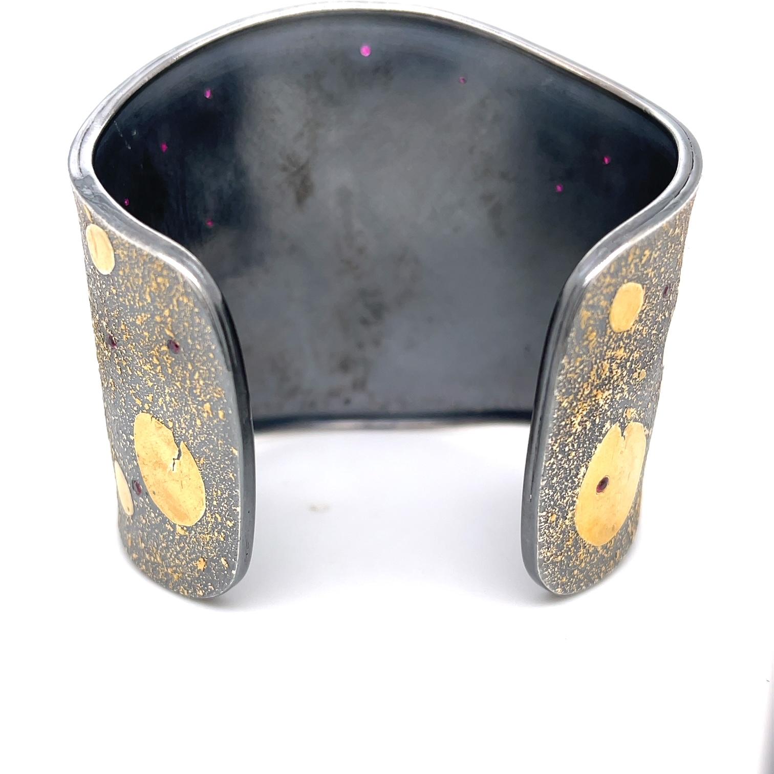 Women's Oxidized Sterling Silver, 22k & 18k Yellow Gold Dragon Cuff with Colored Stones For Sale