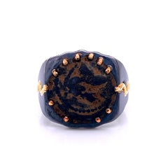 Oxidized Sterling Silver and 18 Karat Yellow Gold Ancient Roman Coin Men's Ring