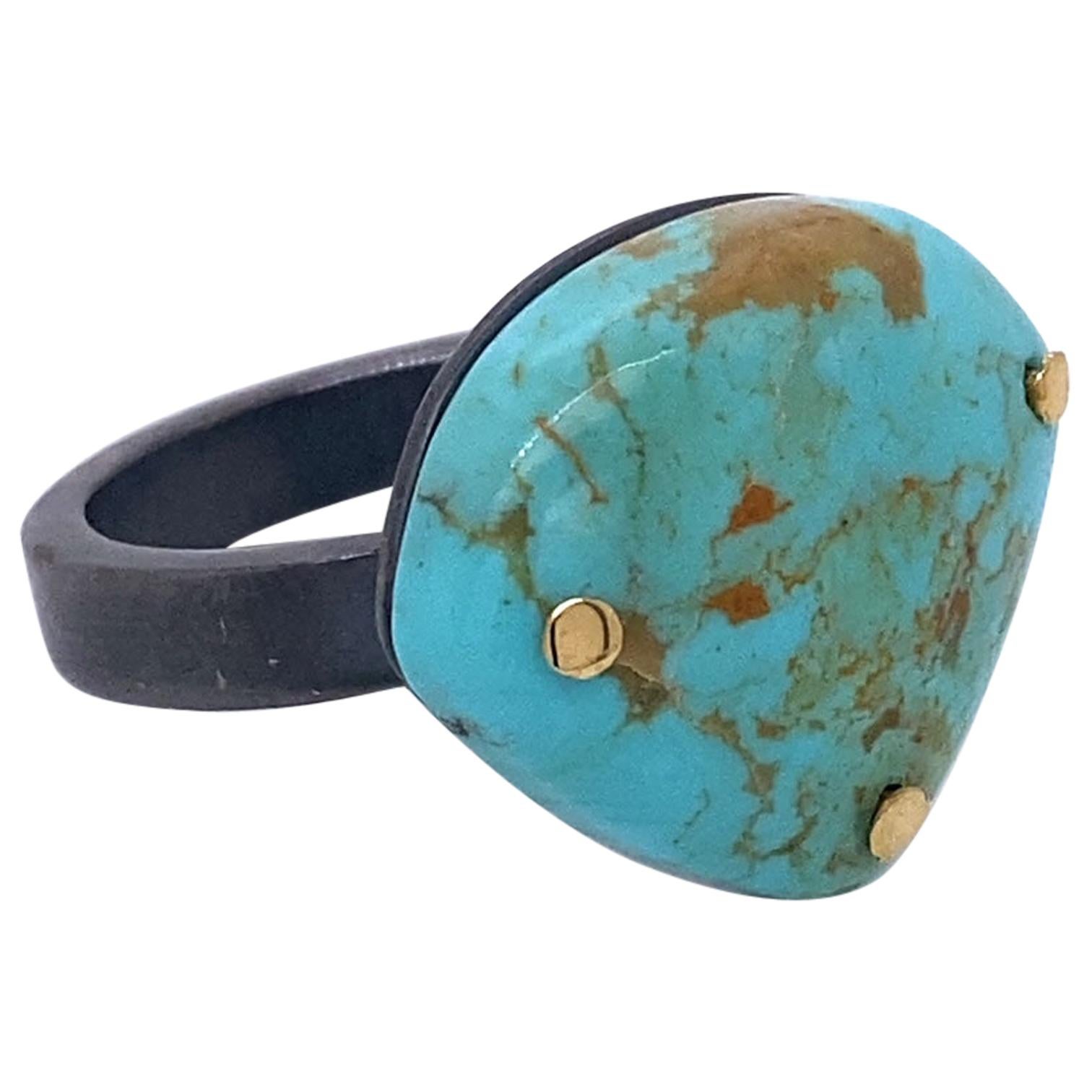 Oxidized Sterling Silver and 18 Karat Yellow Gold Turquoise Ring