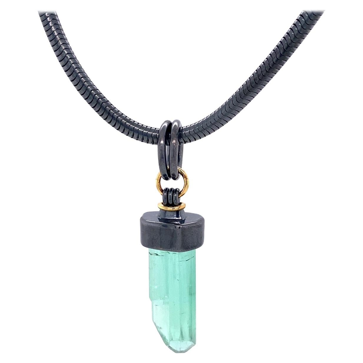 Oxidized Sterling Silver and 18k Yellow Gold Green Tourmaline Crystal Necklace For Sale