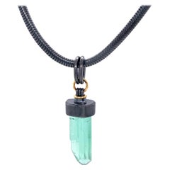 Oxidized Sterling Silver and 18k Yellow Gold Green Tourmaline Crystal Necklace