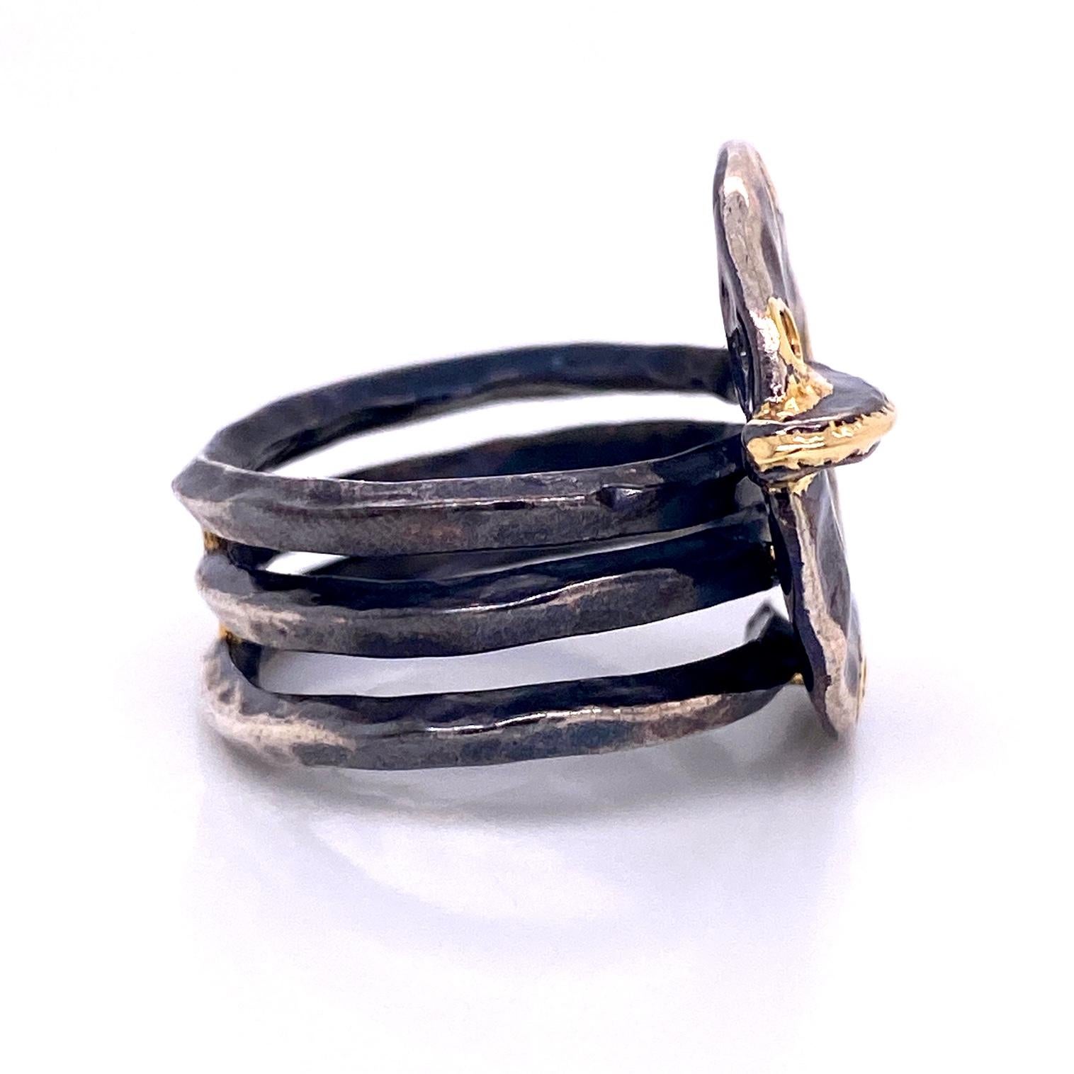 Contemporary Oxidized Sterling Silver and 18k Yellow Gold Hammered 