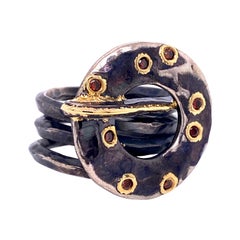 Oxidized Sterling Silver and 18k Yellow Gold Hammered "O" Ring with Red Diamonds