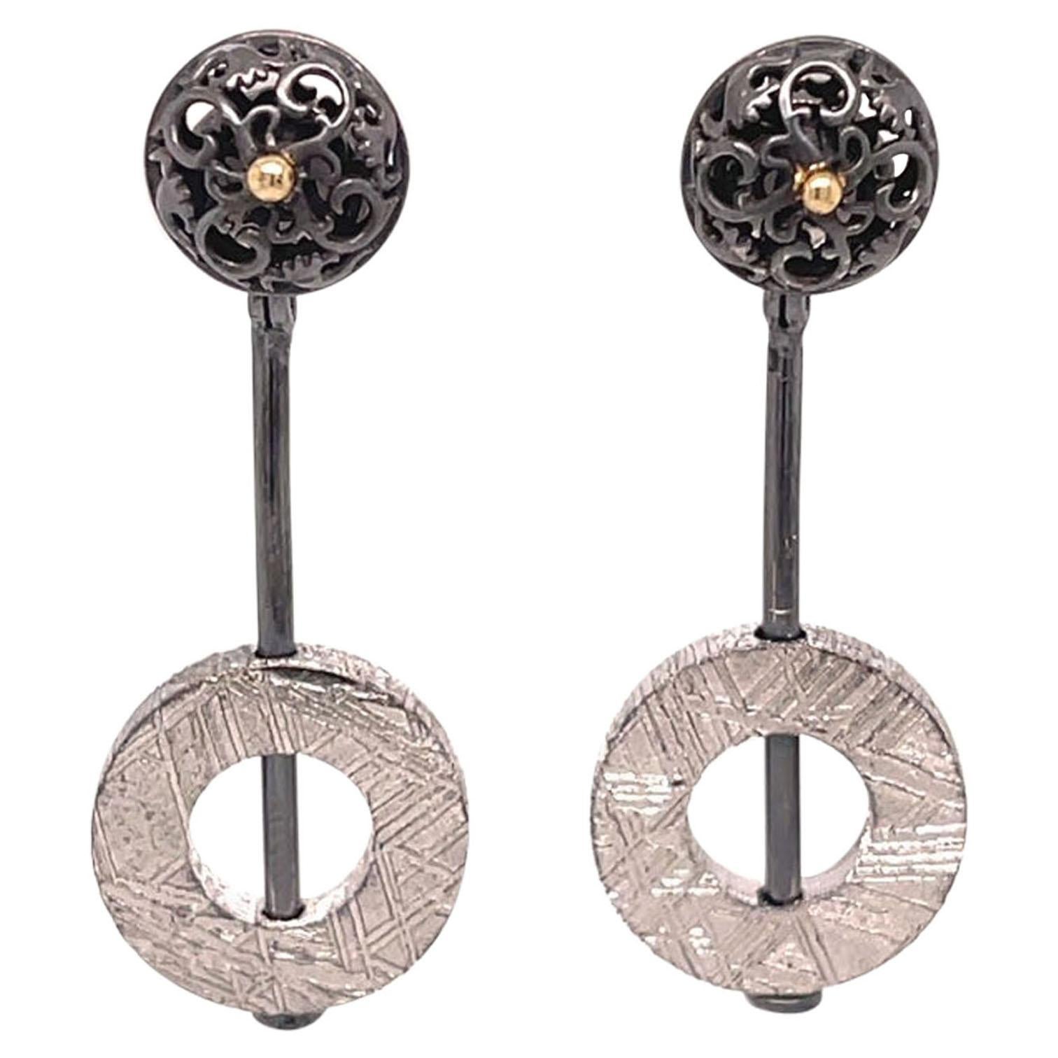 Oxidized Sterling Silver and 18k Yellow Gold Scroll Studs with Meteorite Jackets For Sale