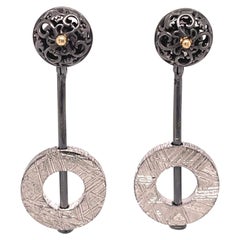 Oxidized Sterling Silver and 18k Yellow Gold Scroll Studs with Meteorite Jackets