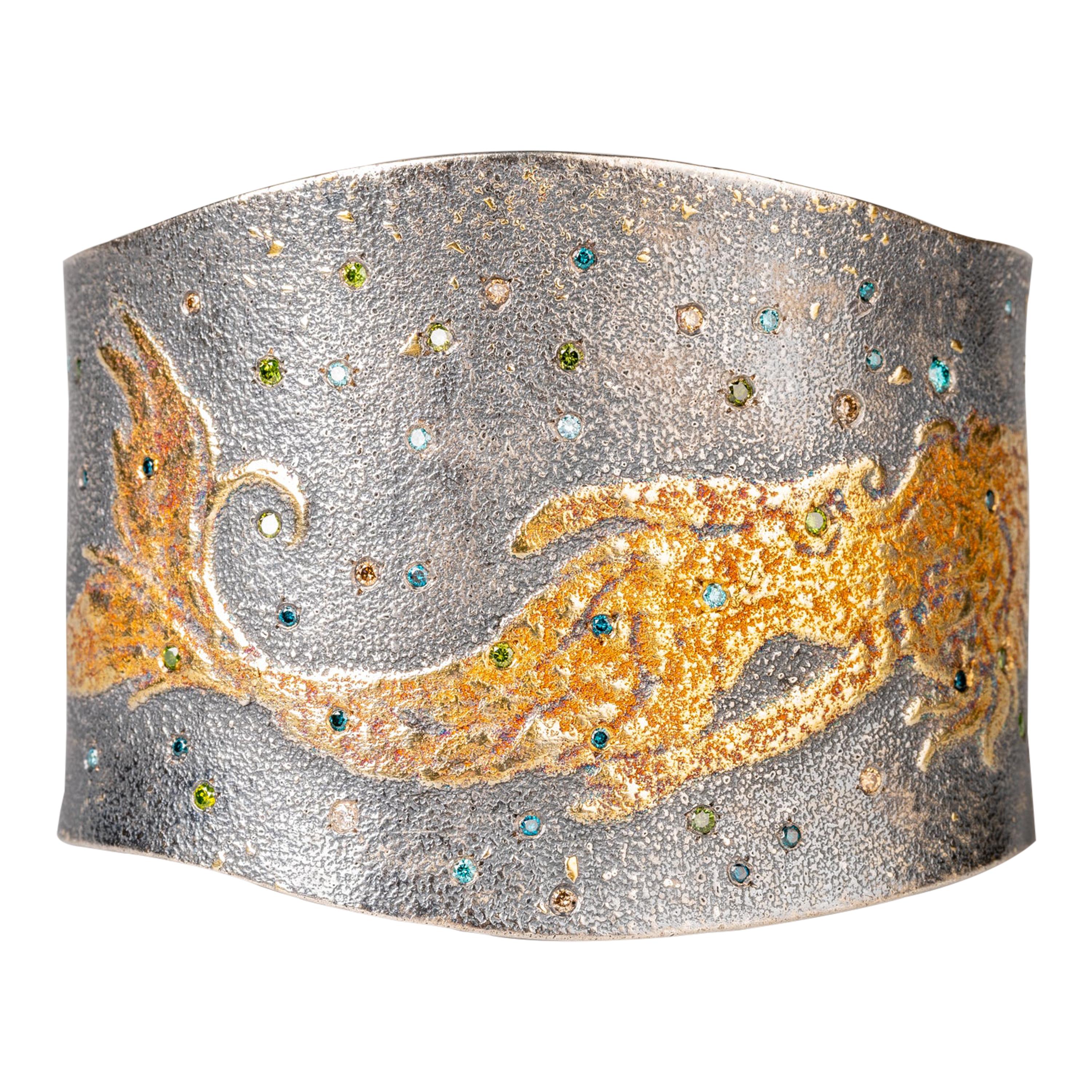 Oxidized Sterling Silver and 24 Karat Fairy Dust Mermaid Cuff with Diamonds