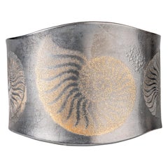 Oxidized Sterling Silver and 24 Karat Yellow Gold Ammonite Cuff Bracelet