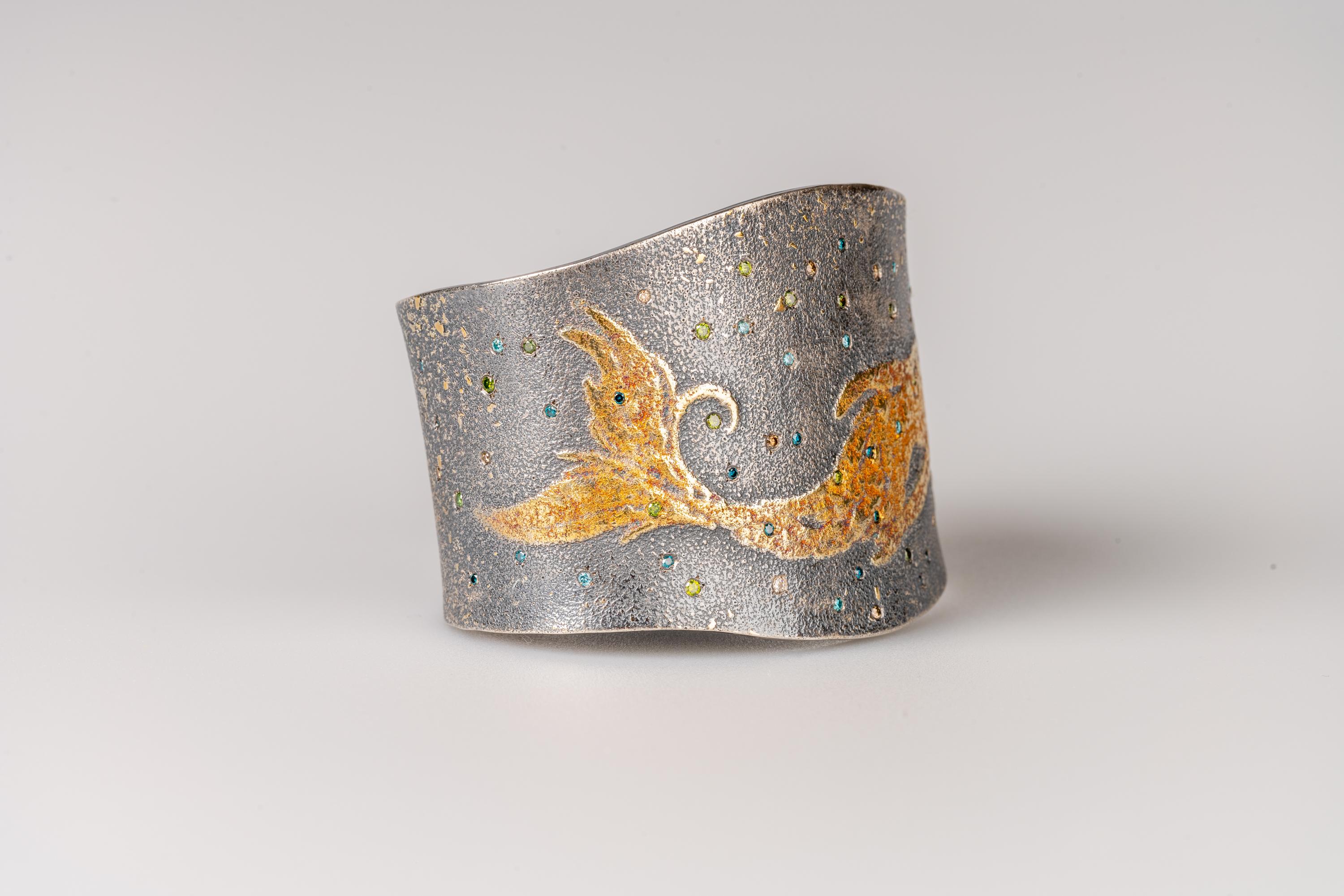 Oxidized Sterling Silver and 24 Karat Fairy Dust Mermaid Cuff with Diamonds In New Condition In Greenville, SC