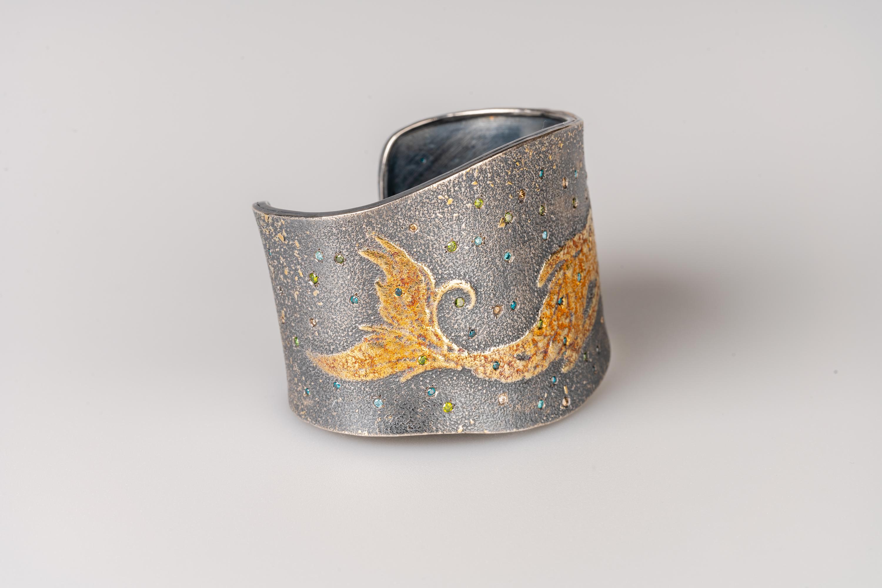 Women's Oxidized Sterling Silver and 24 Karat Fairy Dust Mermaid Cuff with Diamonds