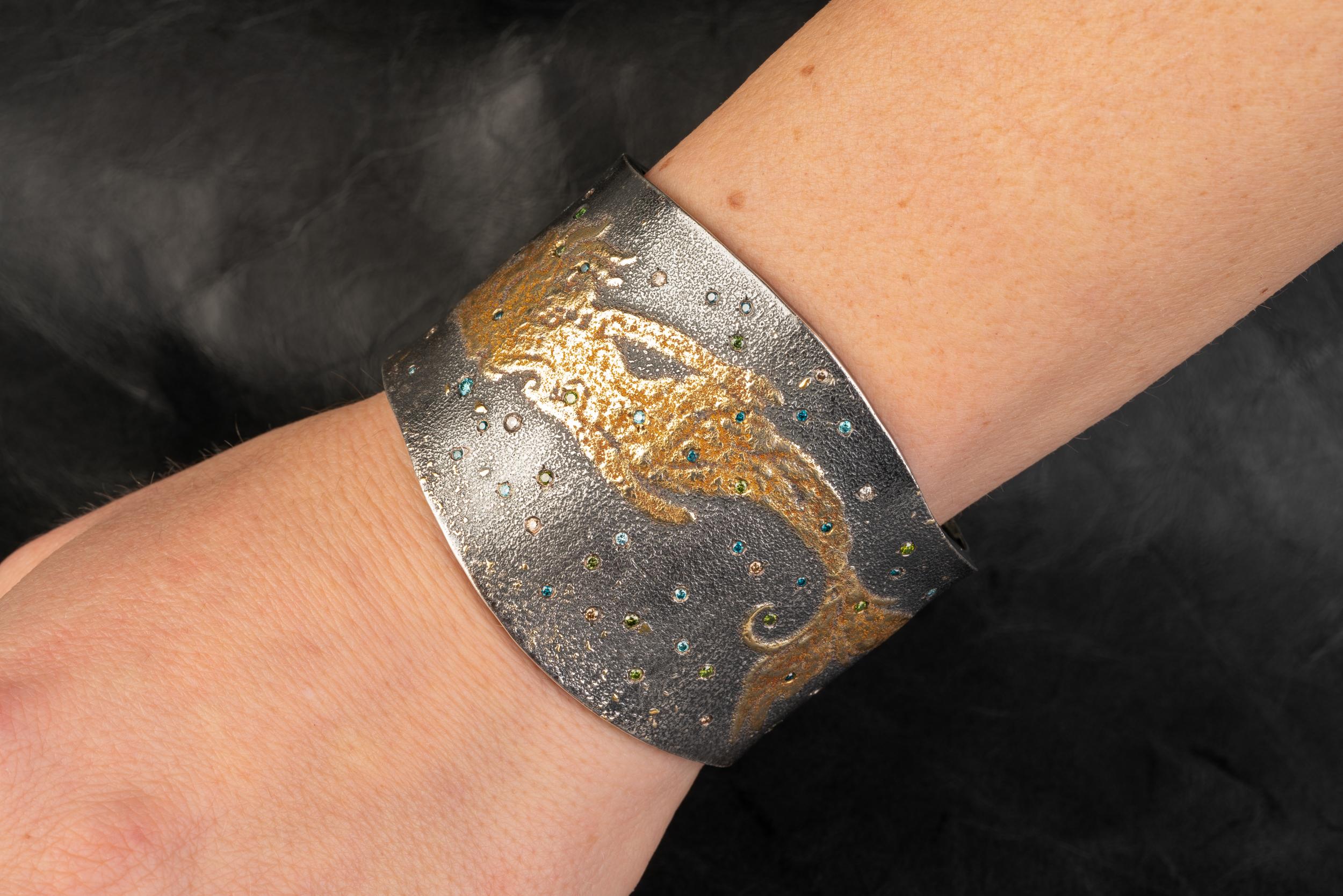 Oxidized Sterling Silver and 24 Karat Fairy Dust Mermaid Cuff with Diamonds 1