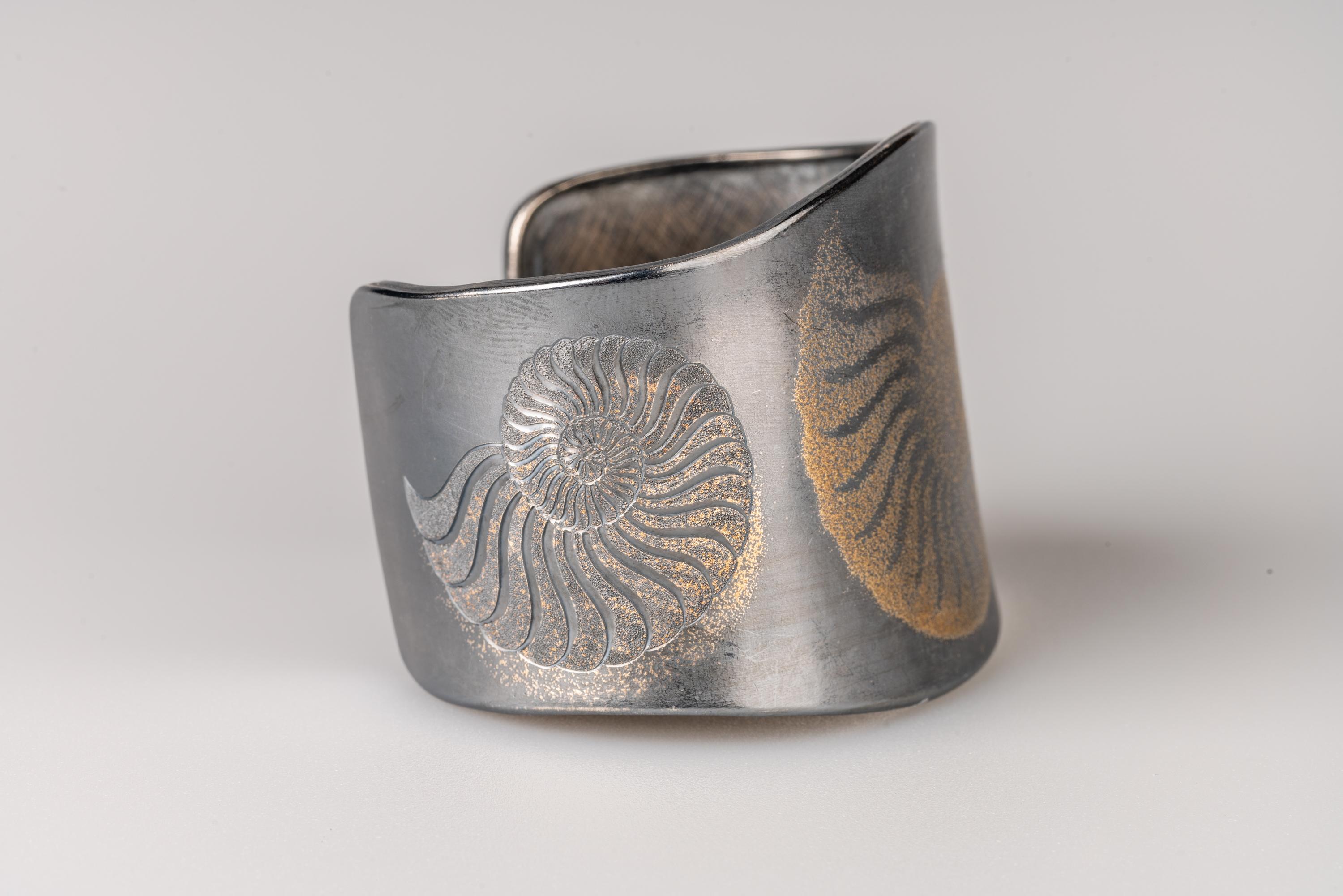 Contemporary Oxidized Sterling Silver and 24 Karat Gold Fairy Dust Ammonite Cuff Bracelet
