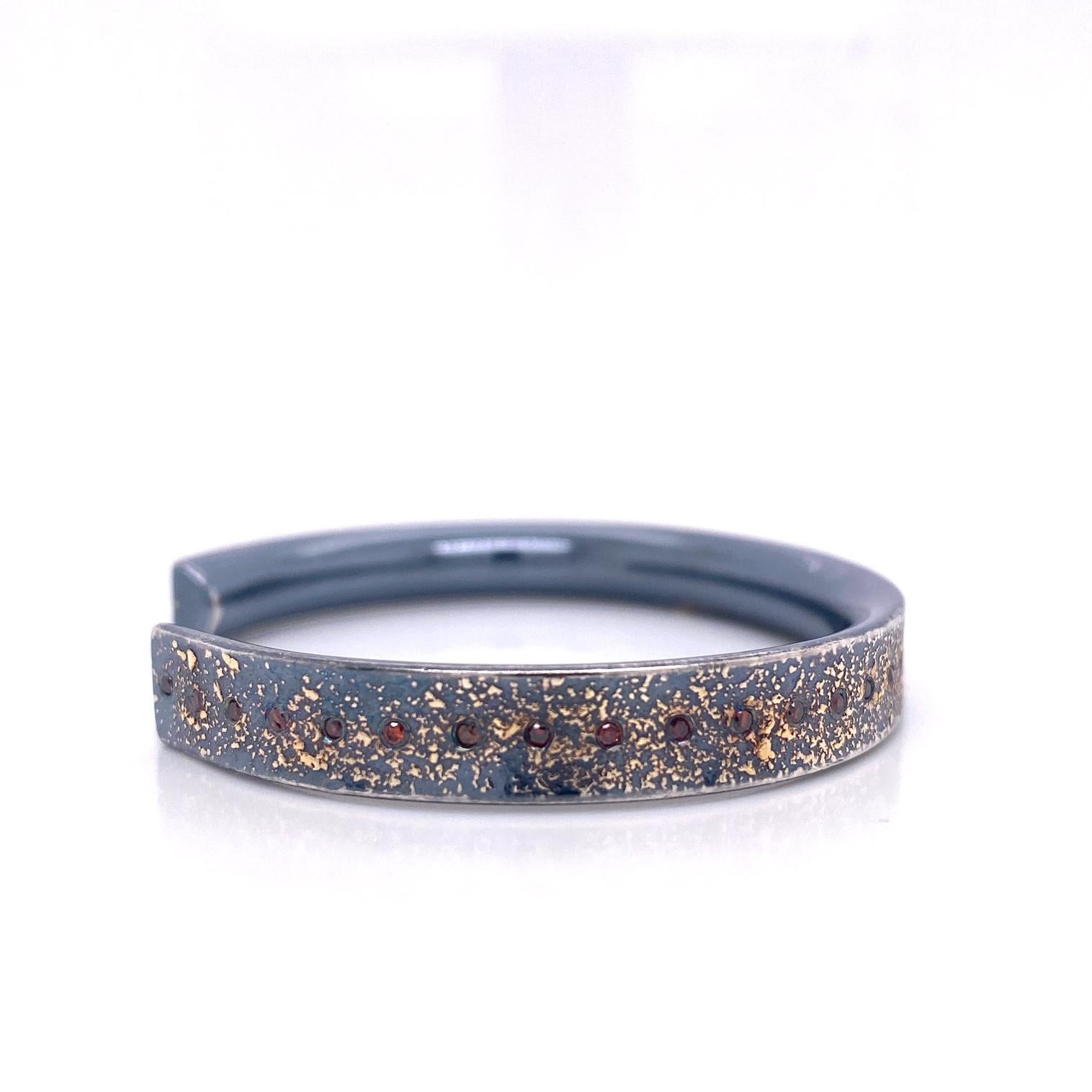 Contemporary Oxidized Sterling Silver and 24k Yellow Gold Narrow Cuff with Cabernet Diamonds