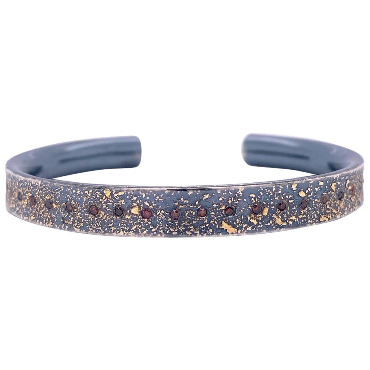 Oxidized Sterling Silver and 24k Yellow Gold Narrow Cuff with Cabernet Diamonds
