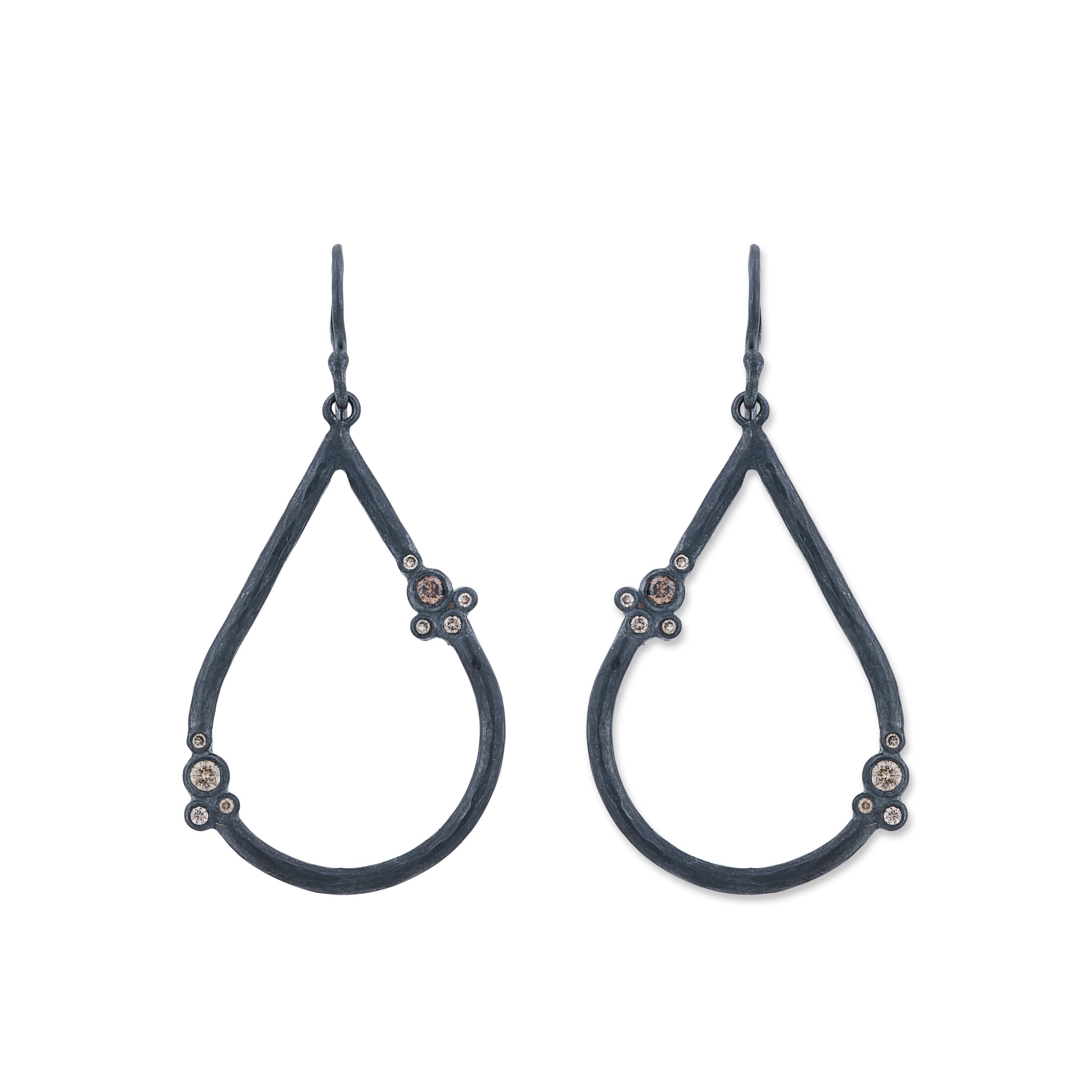 Modern Oxidized Sterling Silver and Diamond Drop Earrings For Sale