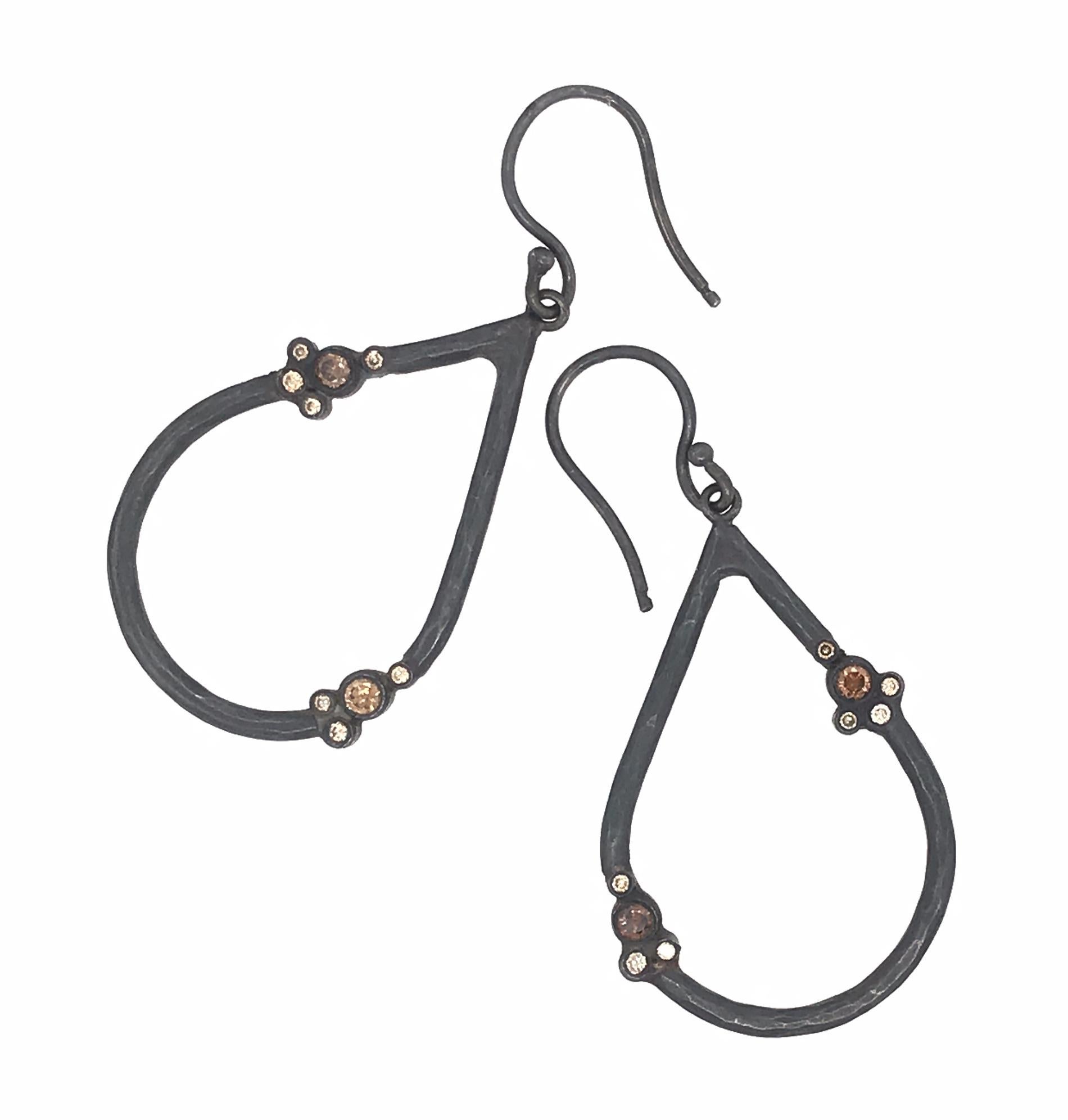 Round Cut Oxidized Sterling Silver and Diamond Drop Earrings For Sale