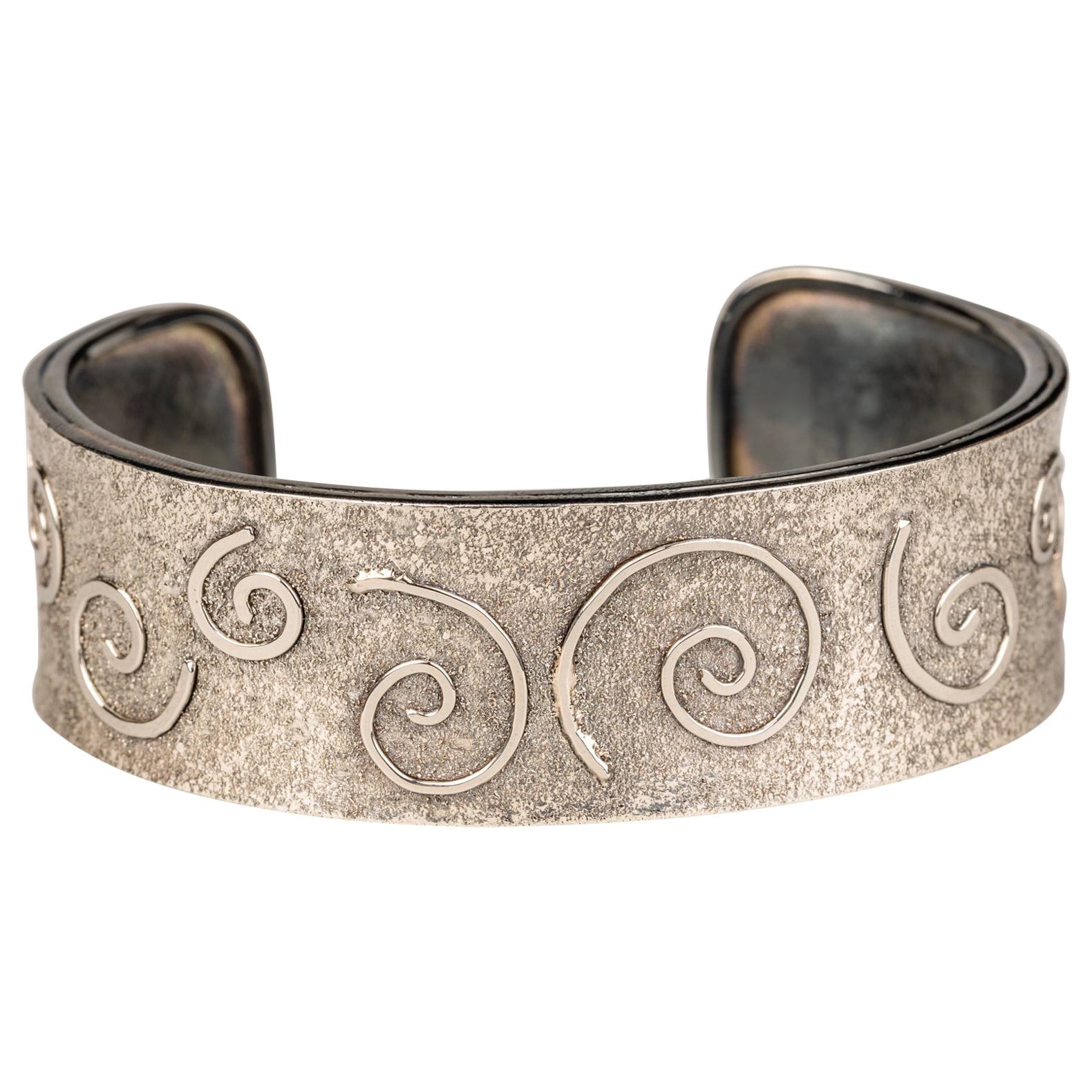 Oxidized Sterling Silver and Platinum Swirl Cuff For Sale