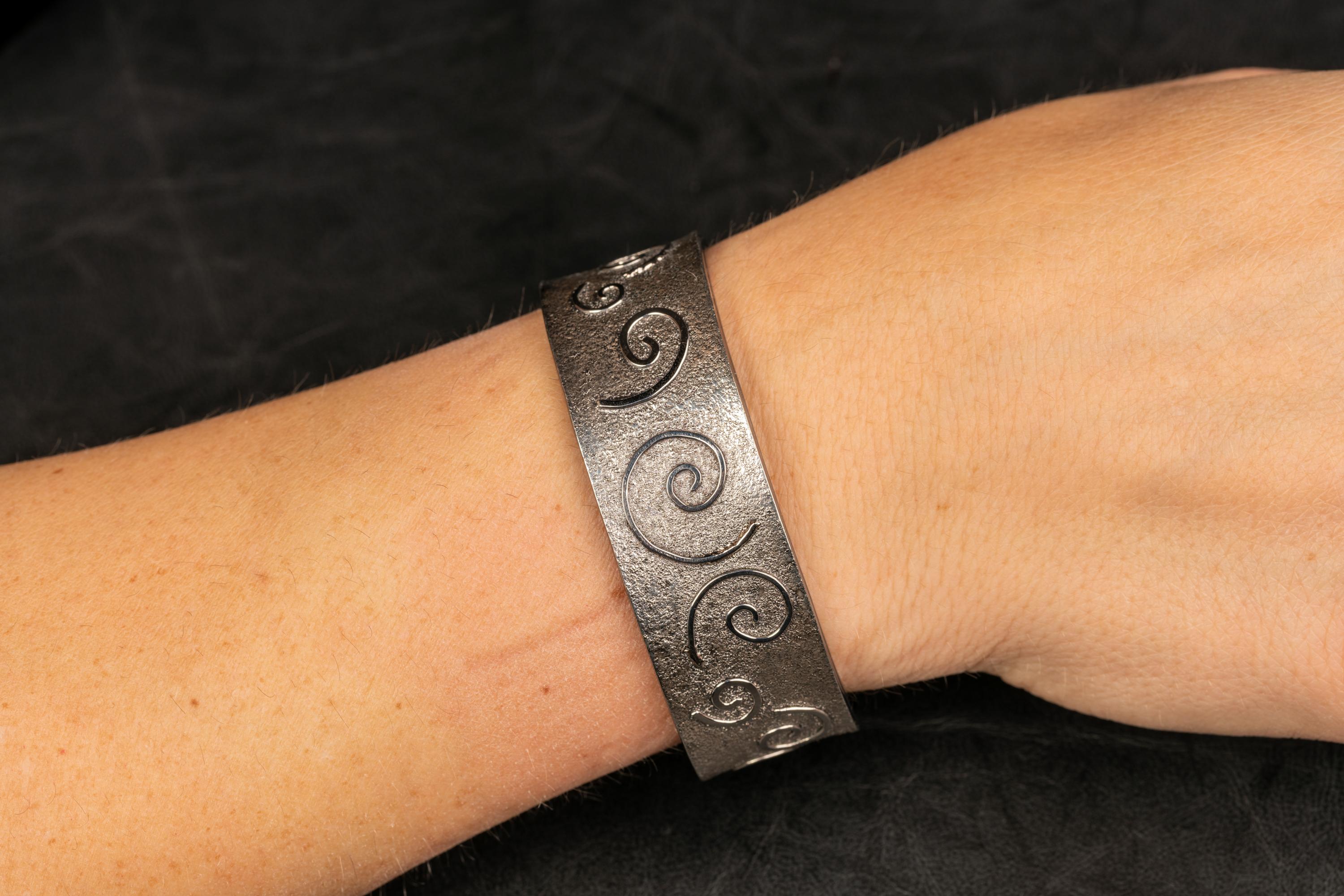Contemporary Oxidized Sterling Silver and Platinum Swirl Cuff For Sale