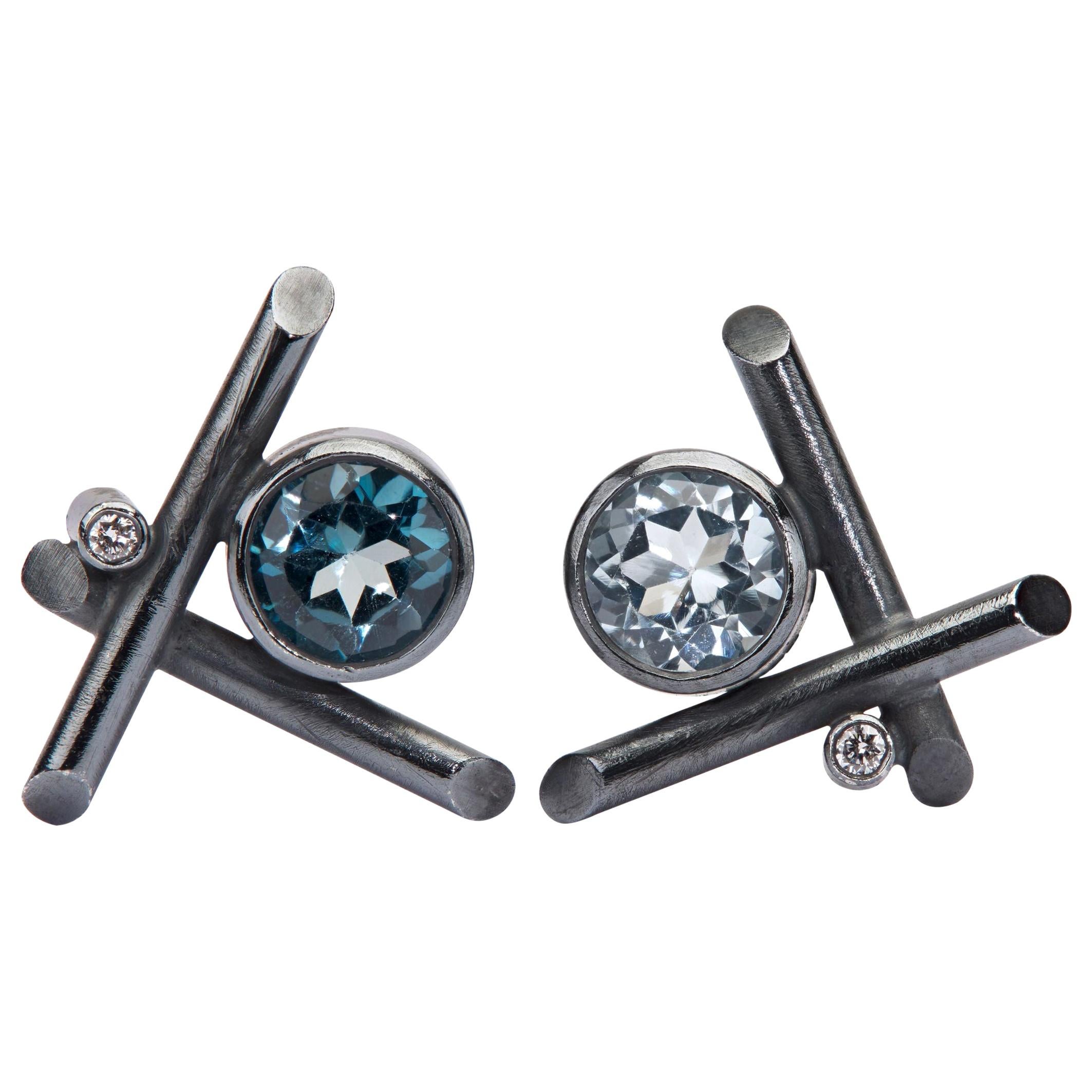 Oxidized Sterling Silver Blue Topaz & Diamonds Crisscross Stud Pierced Earrings