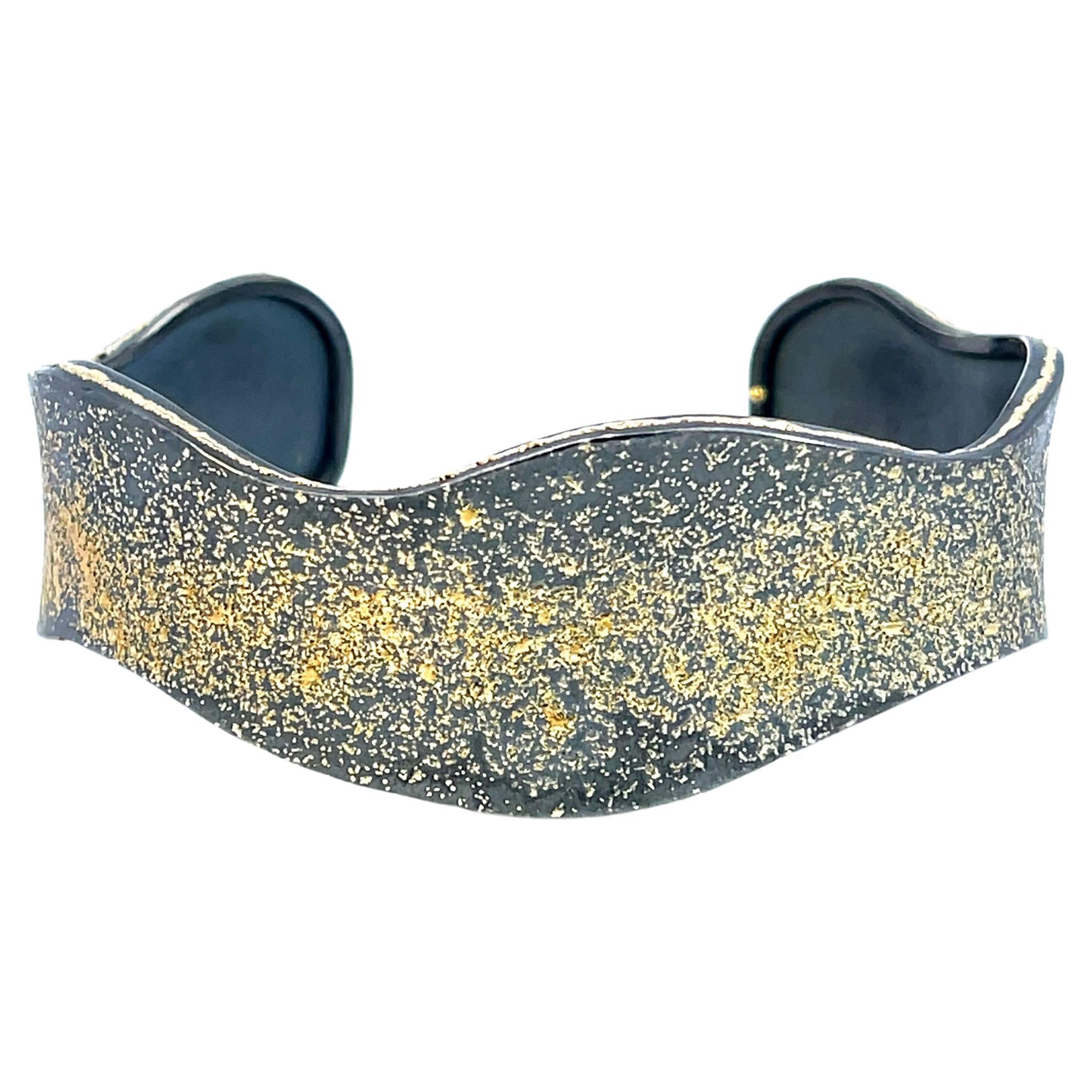 Oxidized Sterling Silver Cuff bracelet with 24k Gold Dust For Sale