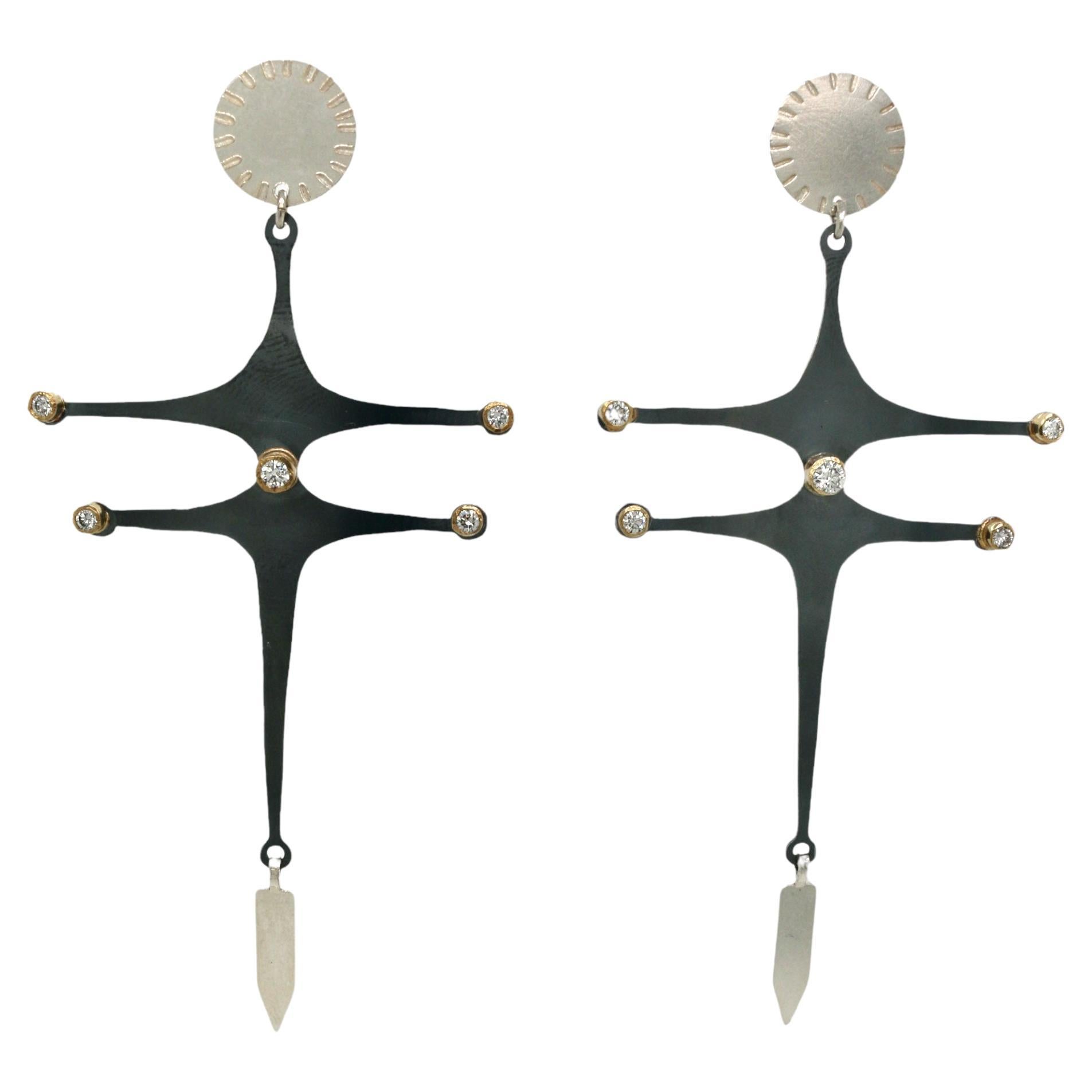 Oxidized Sterling Silver Dragon Fly Earrings w/ Diamonds & Plains Style Dangle For Sale