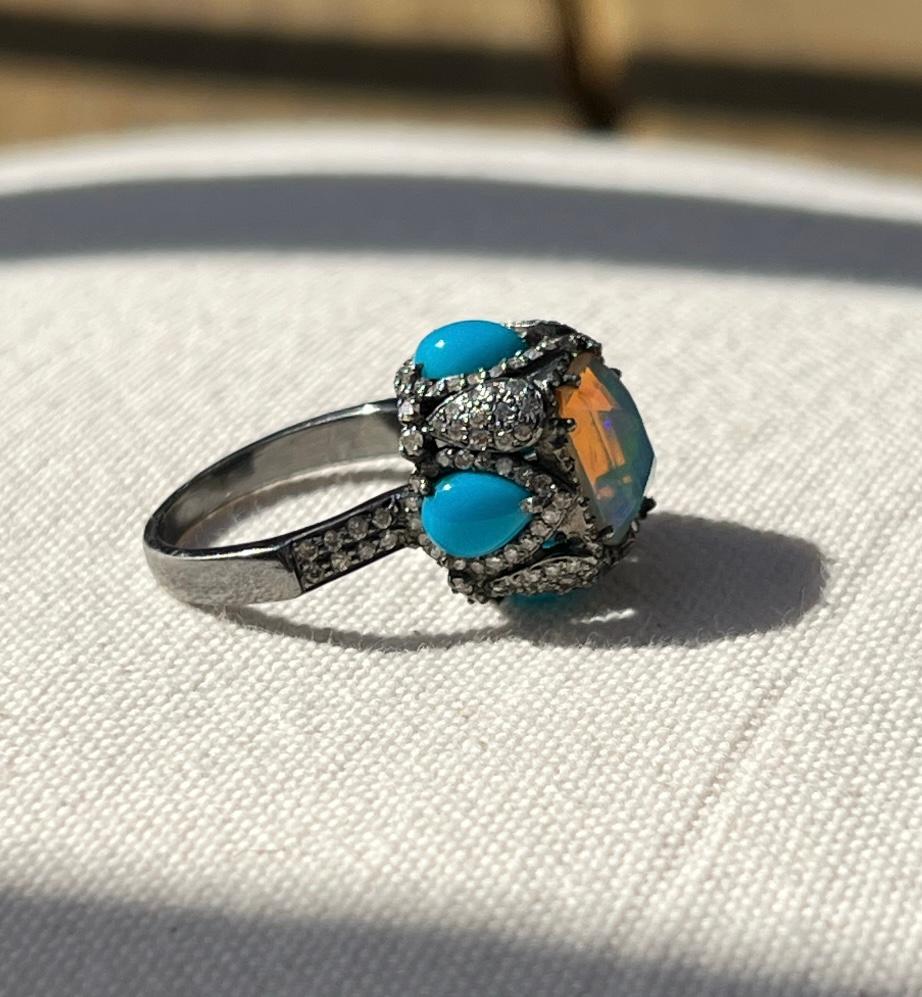 Oxidized Sterling Silver Ethiopia Opal, Turquoise and Diamond Ring In Good Condition In Towson, MD