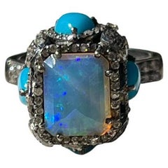 Retro Oxidized Sterling Silver Ethiopia Opal, Turquoise and Diamond Ring