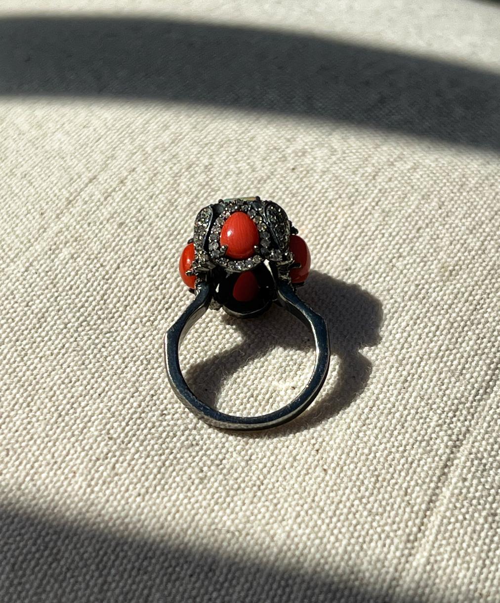 Square Cut Oxidized Sterling Silver Ethiopian Opal, Coral and Diamond Ring