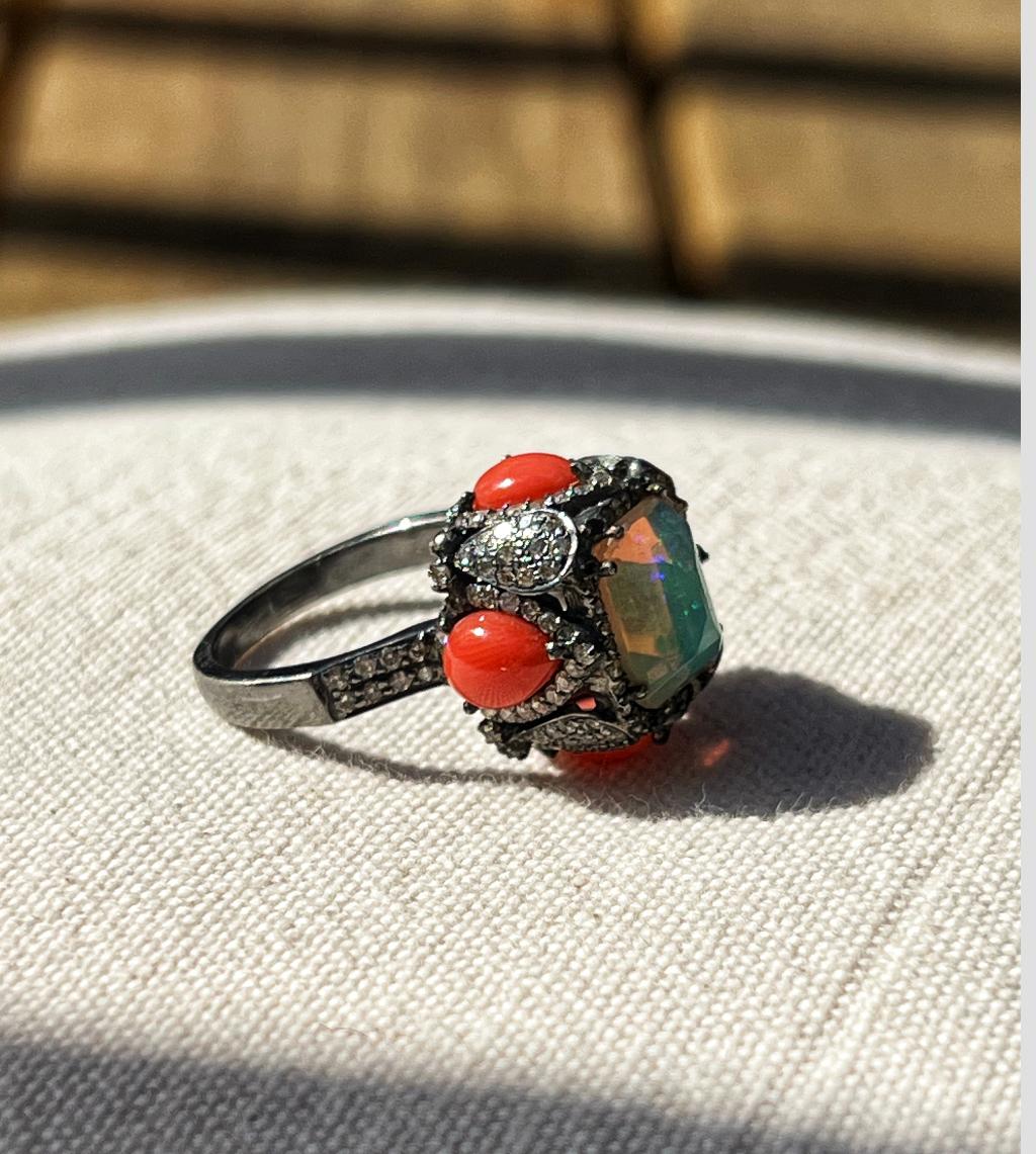 Oxidized Sterling Silver Ethiopian Opal, Coral and Diamond Ring In Good Condition In Towson, MD