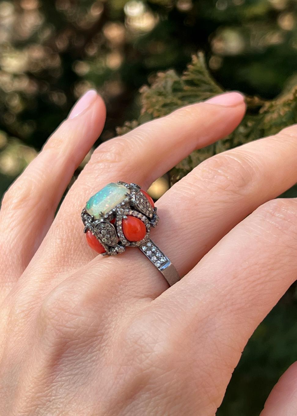 Women's or Men's Oxidized Sterling Silver Ethiopian Opal, Coral and Diamond Ring