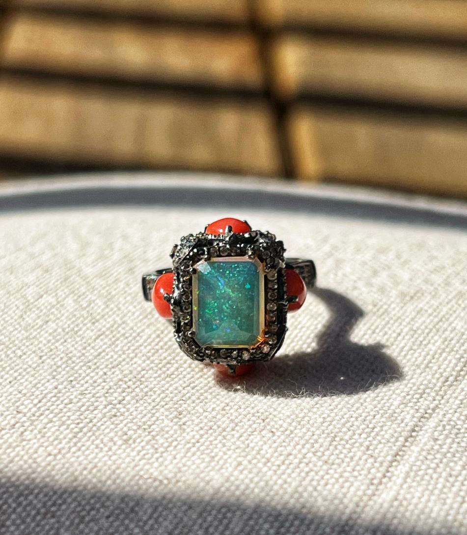 Oxidized Sterling Silver Ethiopian Opal, Coral and Diamond Ring 2