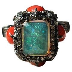 Vintage Oxidized Sterling Silver Ethiopian Opal, Coral and Diamond Ring