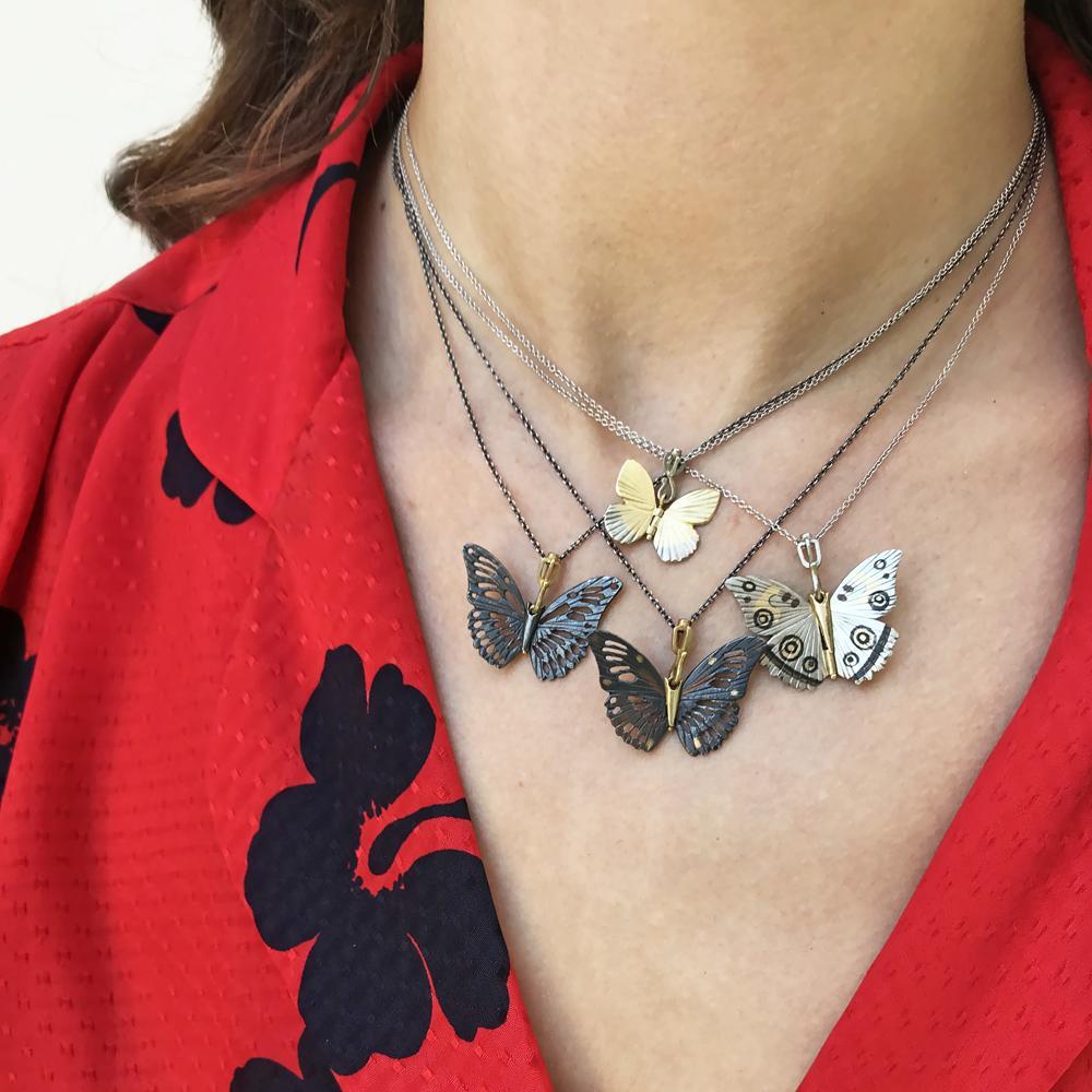 Oxidized Sterling Silver Lace Monarch Butterfly Hinge Necklace  In New Condition In Novato, CA