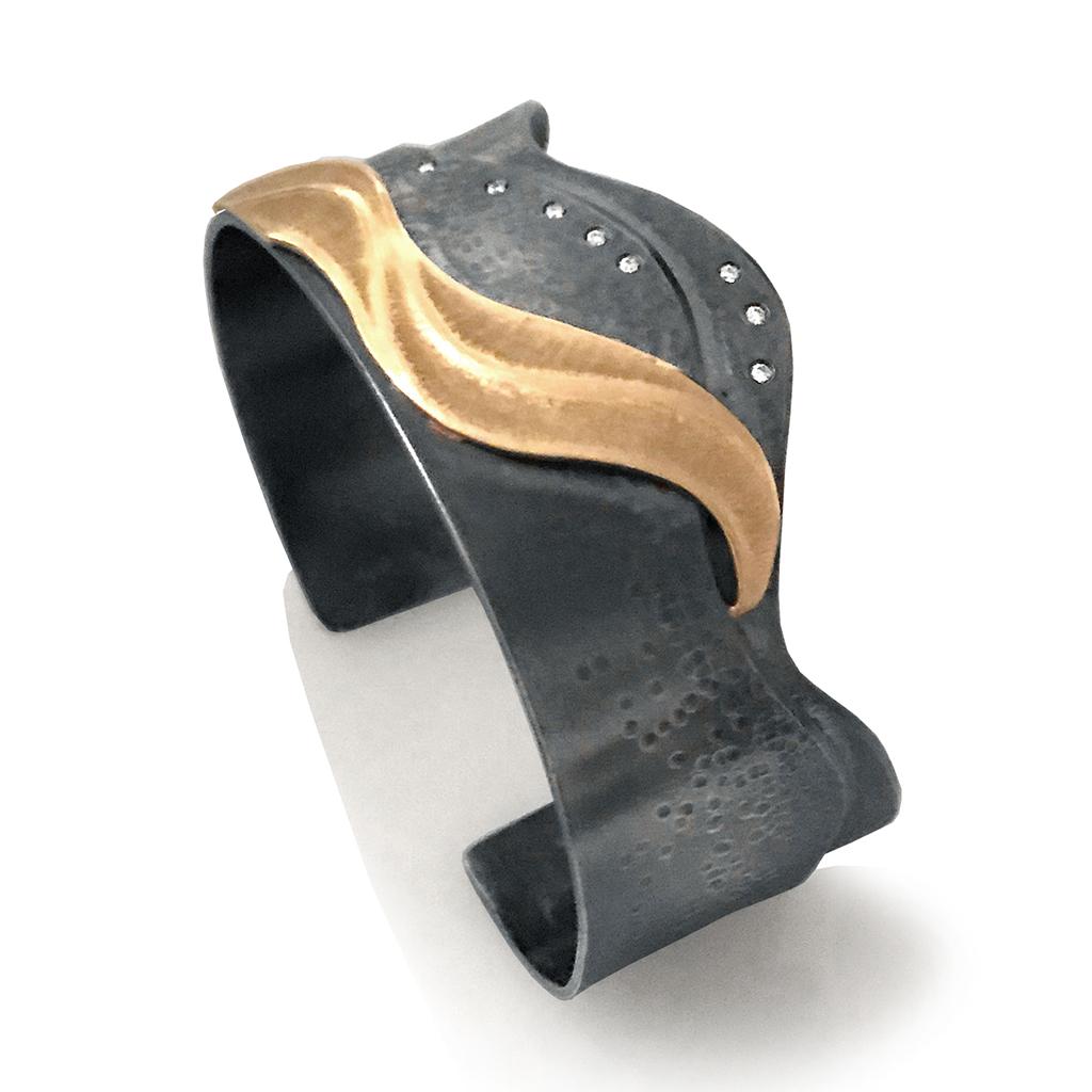 Contemporary Oxidized Sterling Silver Medi Shoreline Cuff with 14 Karat Gold and Diamonds For Sale