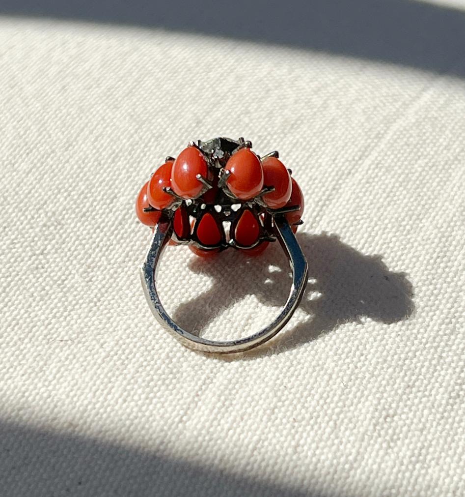 Pear Cut Oxidized Sterling Silver Pear Shaped Ethiopian Opal, Coral and Diamond Ring