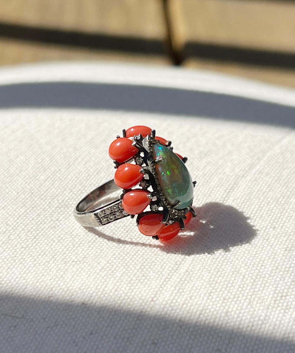 Oxidized Sterling Silver Pear Shaped Ethiopian Opal, Coral and Diamond Ring In Good Condition In Towson, MD