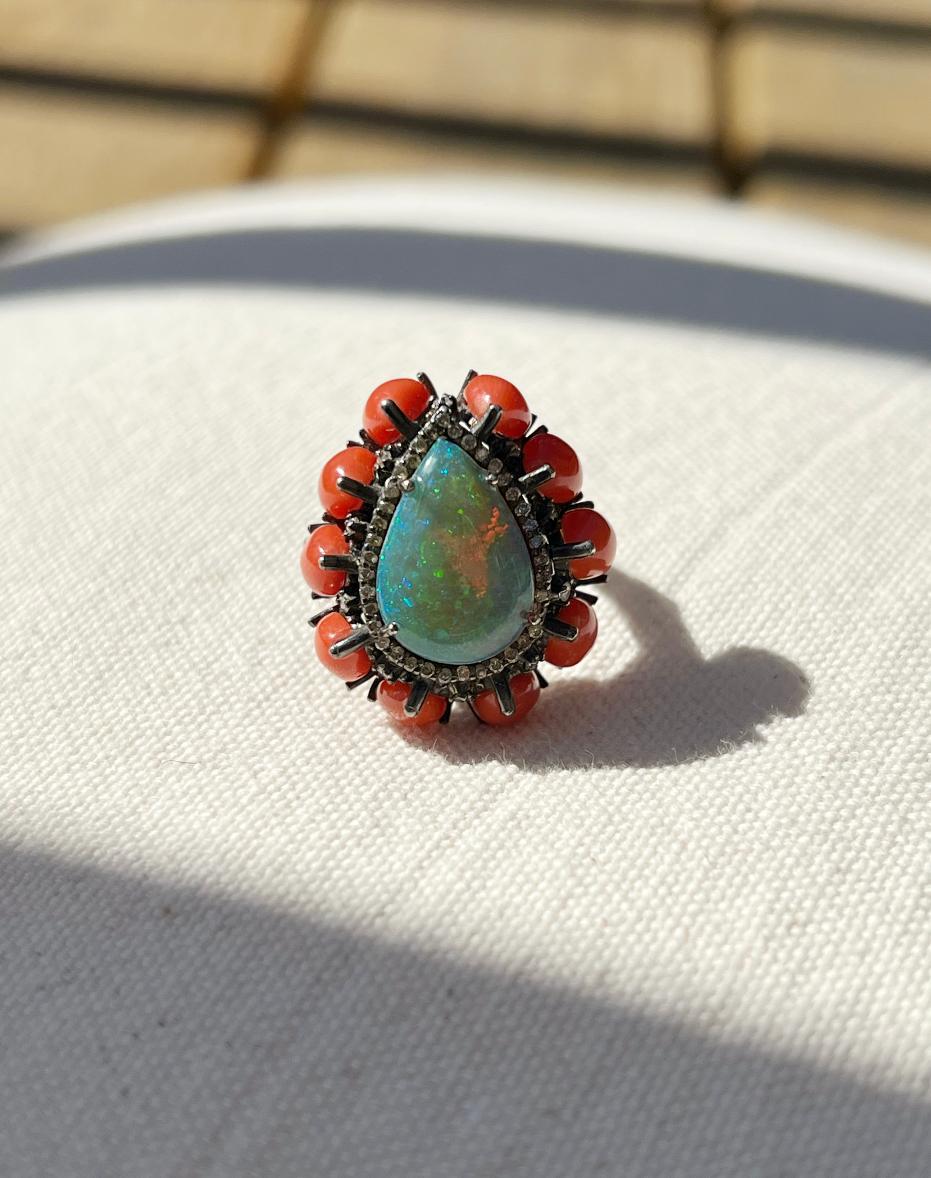 Women's or Men's Oxidized Sterling Silver Pear Shaped Ethiopian Opal, Coral and Diamond Ring