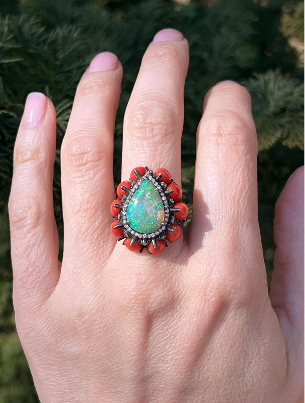 Oxidized Sterling Silver Pear Shaped Ethiopian Opal, Coral and Diamond Ring 1