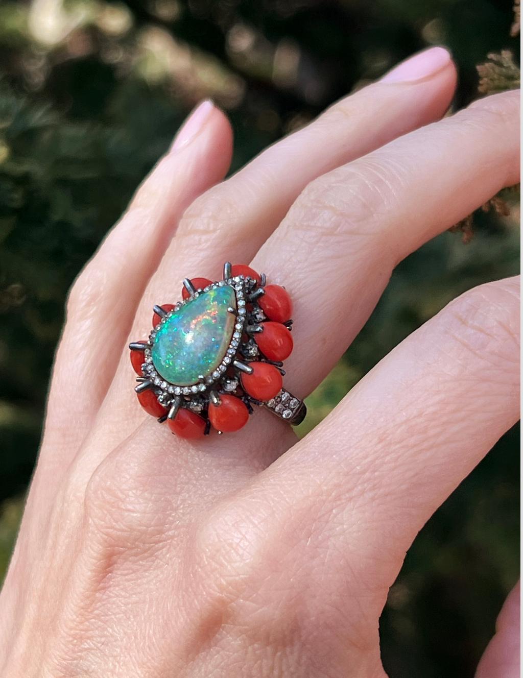 Oxidized Sterling Silver Pear Shaped Ethiopian Opal, Coral and Diamond Ring 2