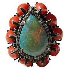 Vintage Oxidized Sterling Silver Pear Shaped Ethiopian Opal, Coral and Diamond Ring