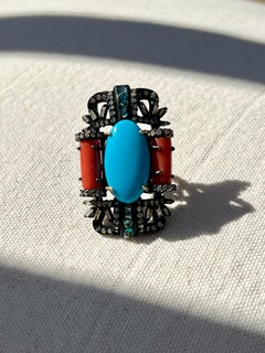 Bague en argent sterling oxydé avec turquoises, corail et diamants