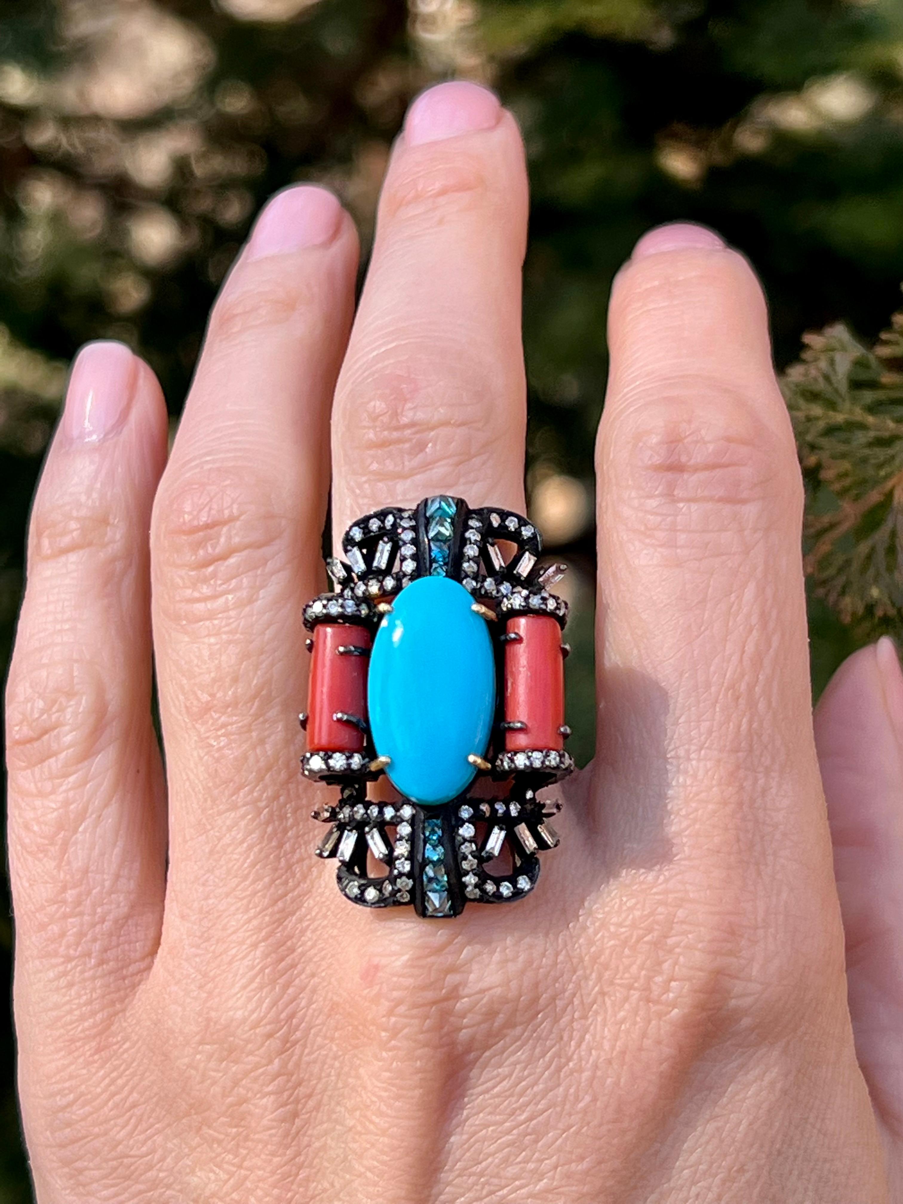 Oval Cut Oxidized Sterling Silver Turquoise, Coral and Diamond Ring For Sale