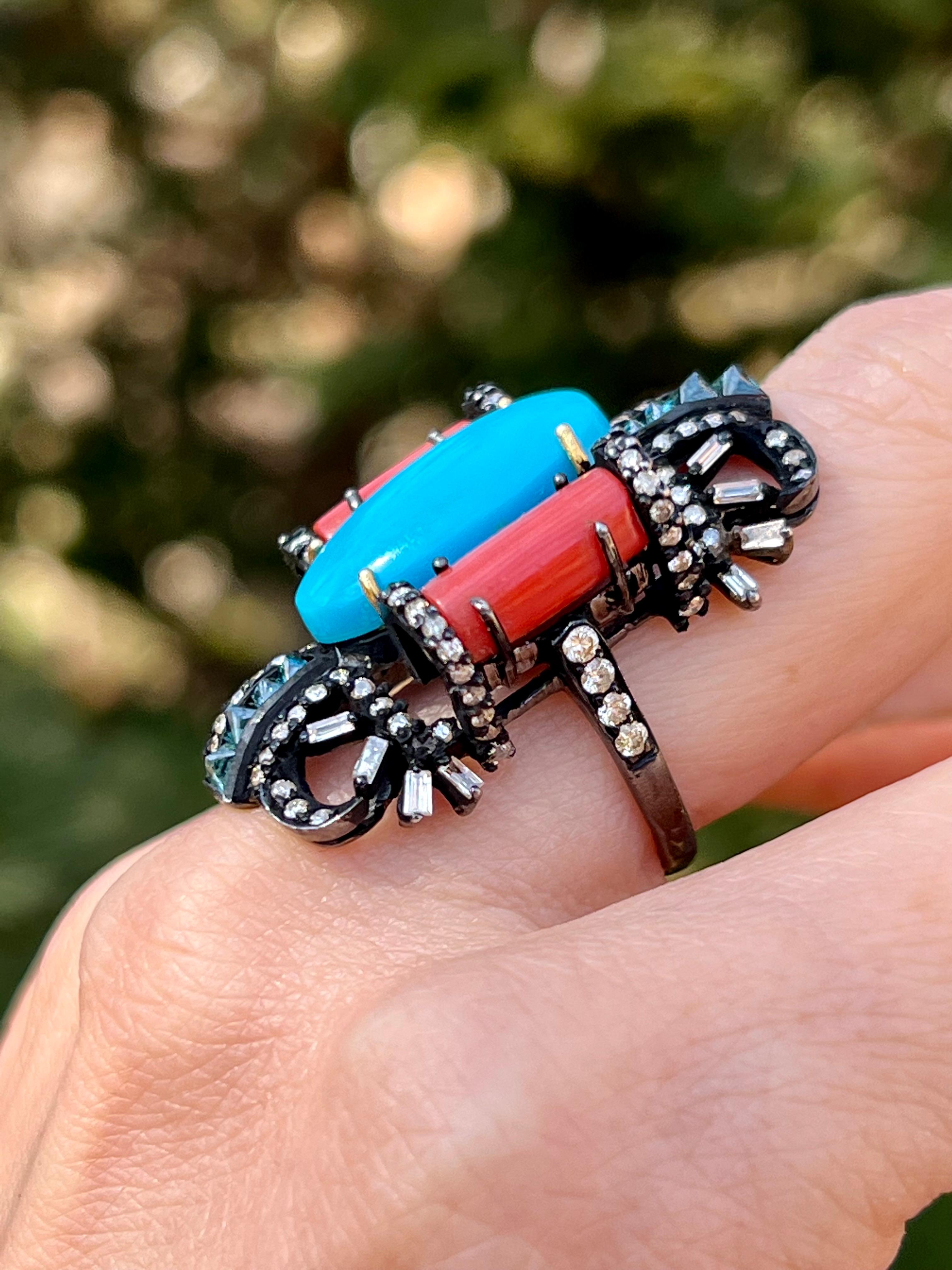 Oxidized Sterling Silver Turquoise, Coral and Diamond Ring In Good Condition For Sale In Towson, MD