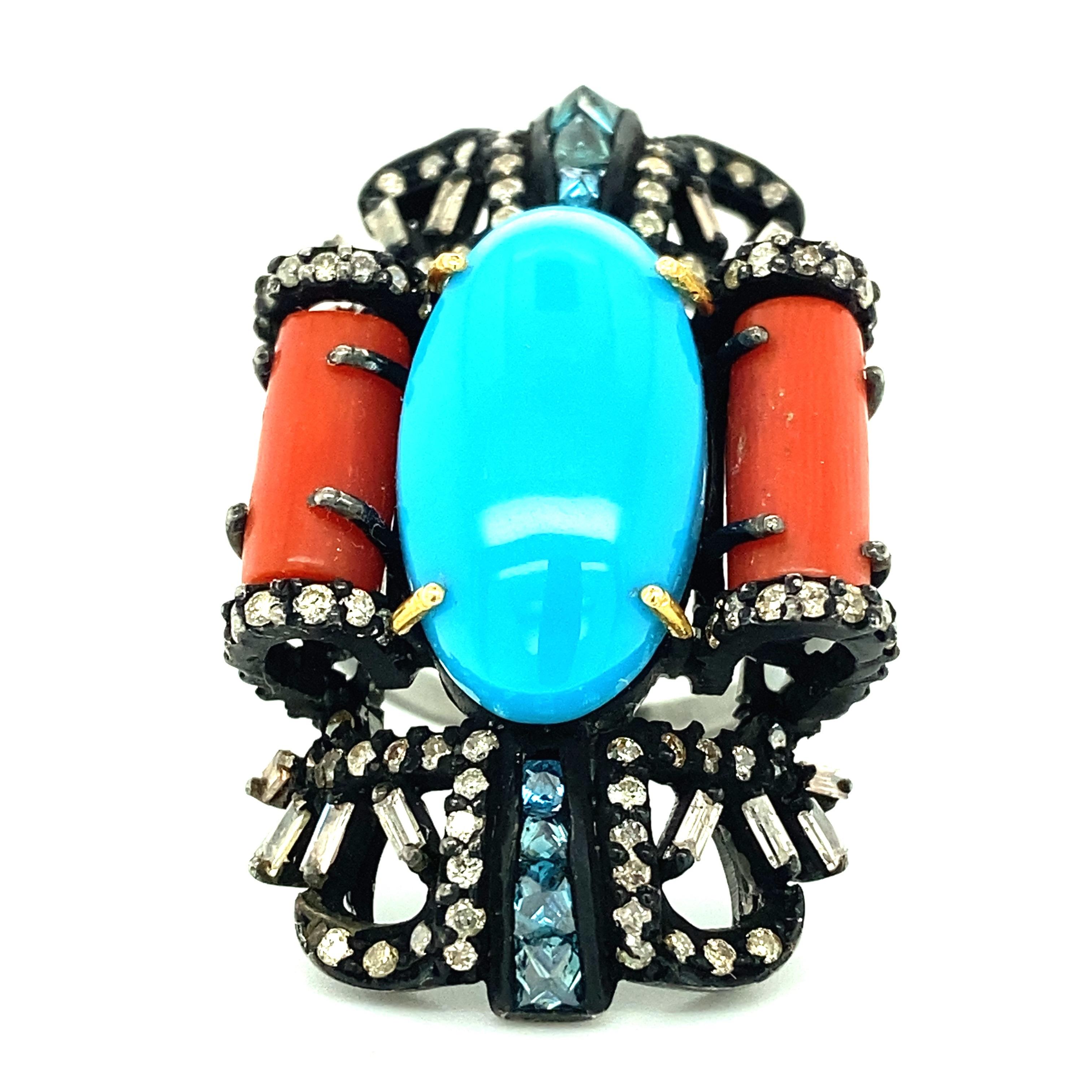 Anello in argento sterling ossidato con turchese, corallo e diamanti in vendita 1