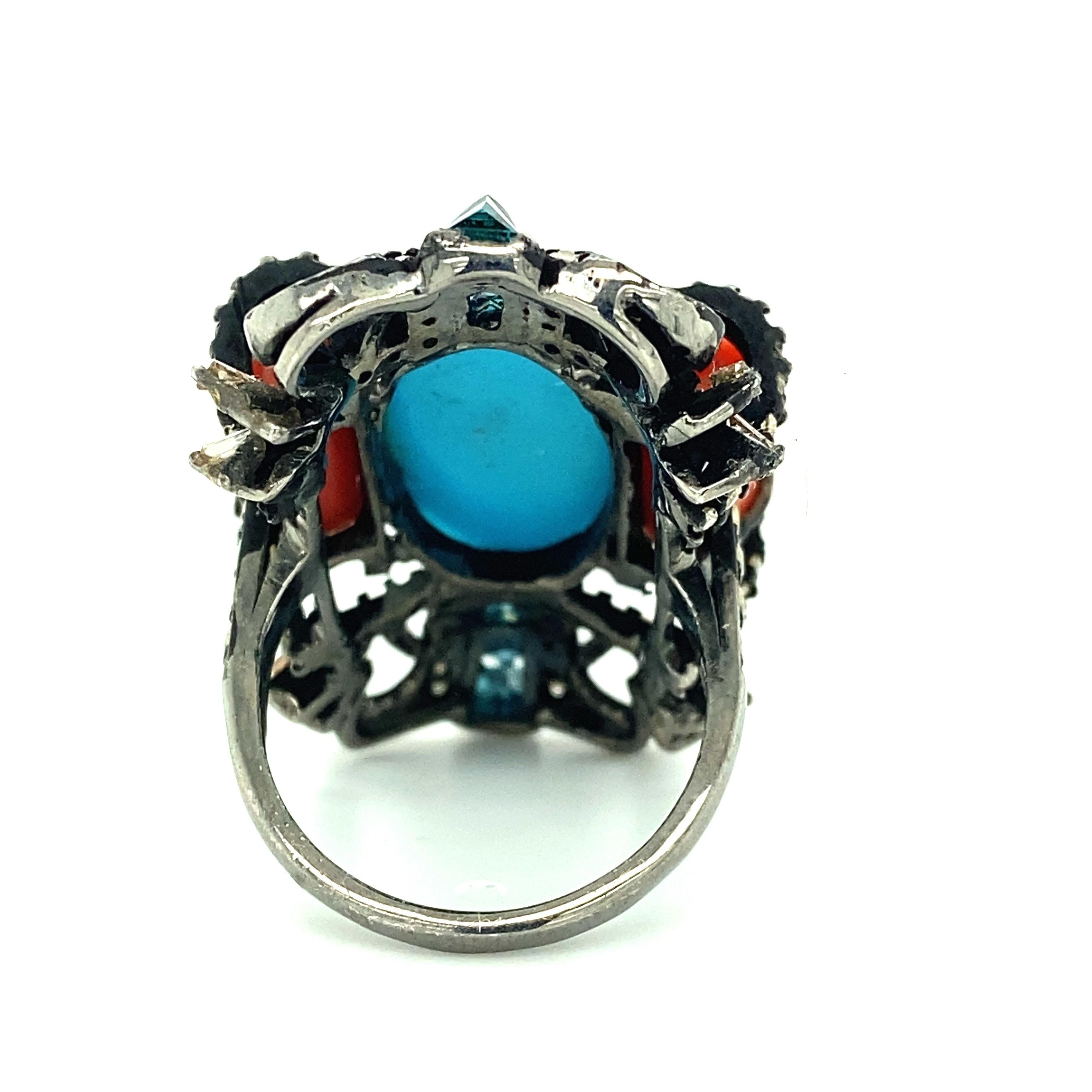 Anello in argento sterling ossidato con turchese, corallo e diamanti in vendita 3
